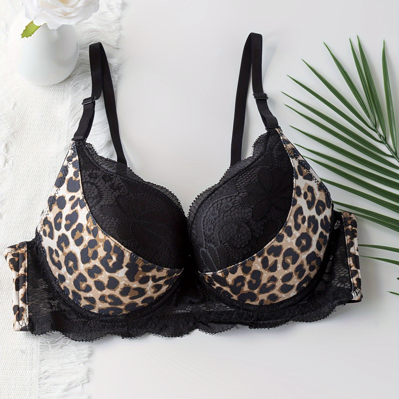 

Leopard Print Lace Push-up Bra With Underwire, Sexy Fashion Lingerie For Women, Mature Style, Adjustable Straps