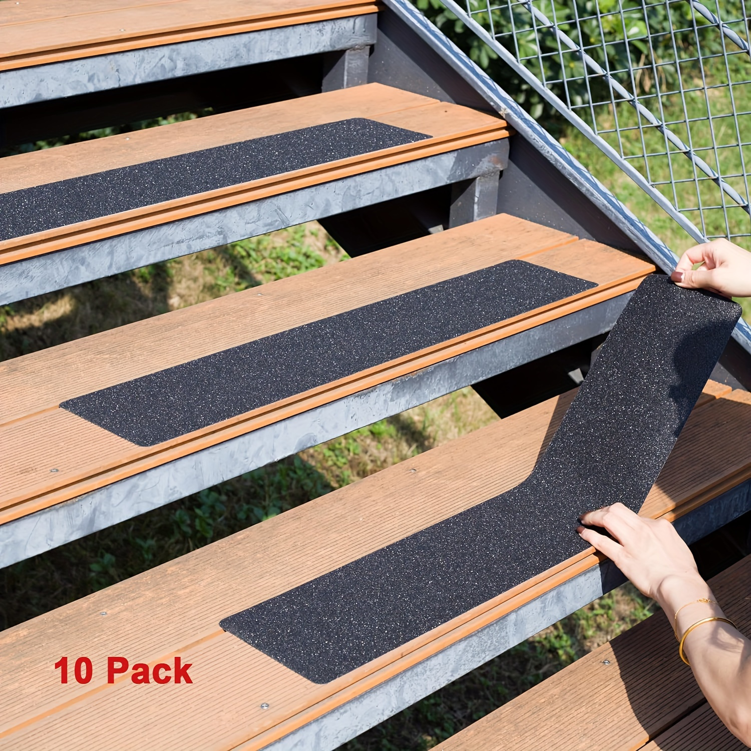 

10pcs Non Slip Outdoor Stair Treads, 4"x30", Black Pre-cut 80 Grit Anti Slip Grip Tapes, Non Skid Heavy Duty Traction Adhesive Step Stripes For Staircase, Skateborad And Deck