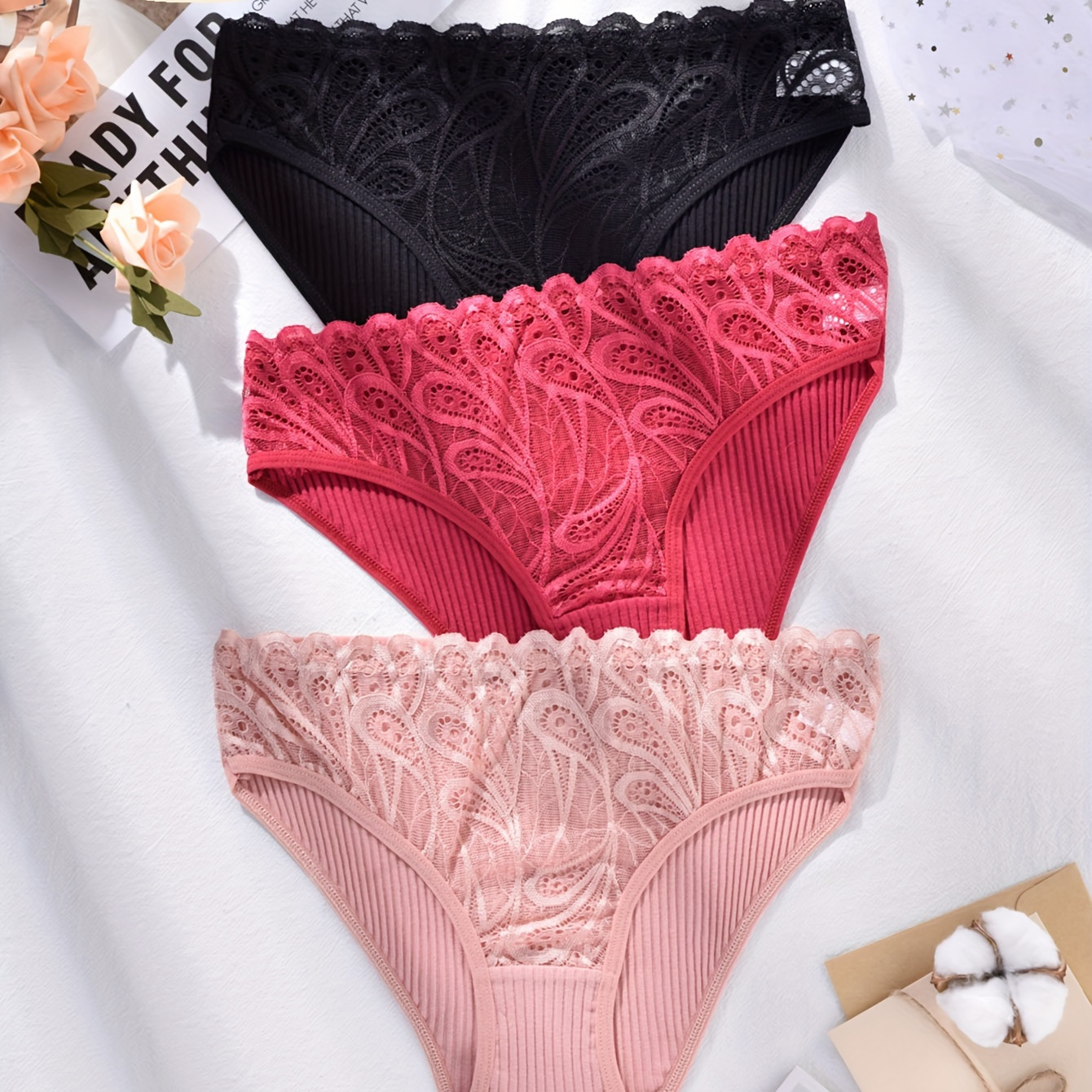 

3pcs Solid Contrast Lace Ribbed Briefs, Comfy Breathable Stretchy Intimates Panties, Women's Lingerie & Underwear