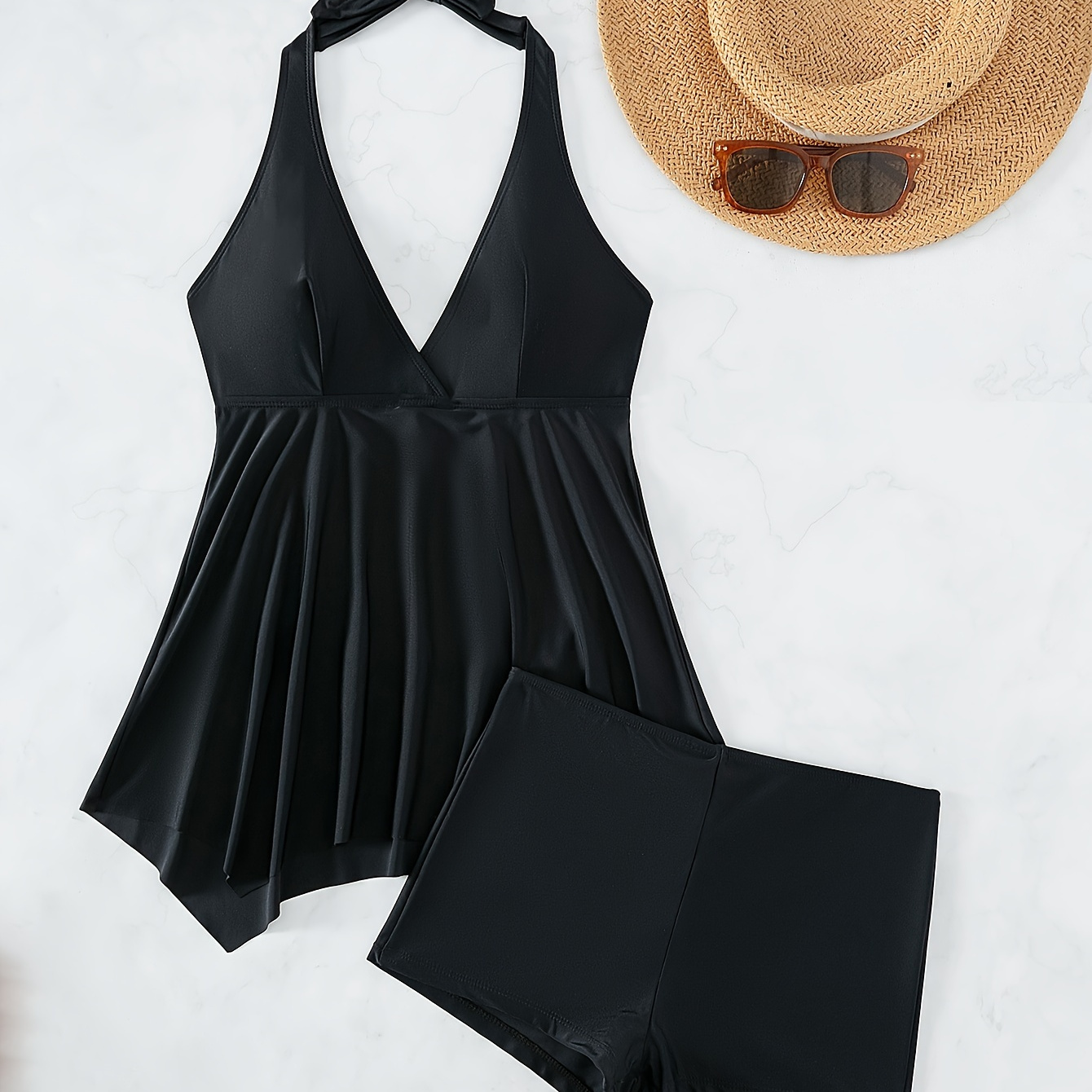 

Solid Black Halter Neck 2 Piece Tankini Set, High Stretch Modest Backless Swimsuit, Women's Swimwear & Clothing
