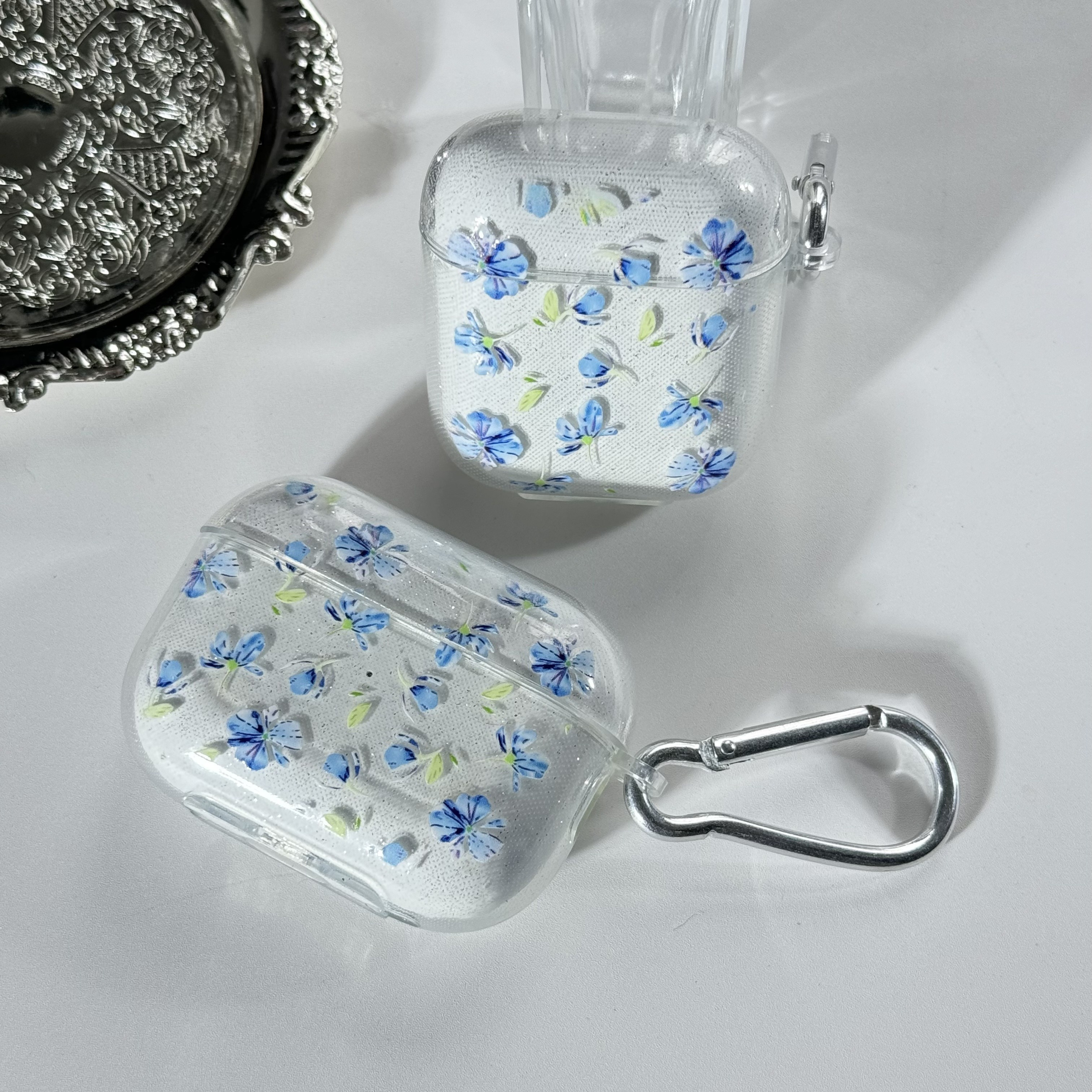 

Floral Glitter , Tpu Protective Cover Compatible With Airpods 2/3 Generations, Shock-resistant Soft Shell With Keychain Hook - Blue Blossom Design