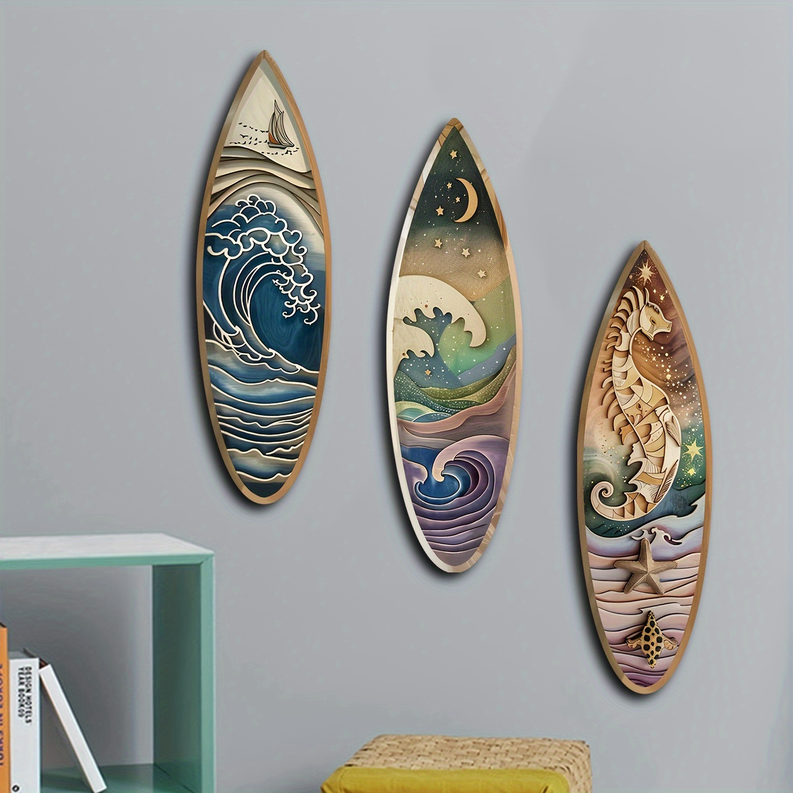 

Room Decor 3pcs Set Wooden Surfboard Wall Art, Nautical Sailboat, & Design, Coastal Villa Decor, Plywood Ocean Themed Wall Decorations