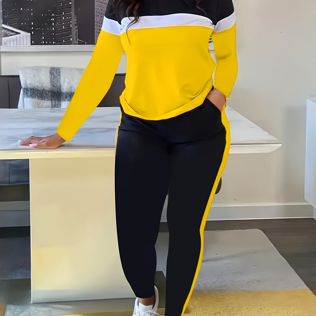 

Striped Casual Set, Long Sleeve Crew Neck T-shirt & Pocket Pants, Women's Clothing