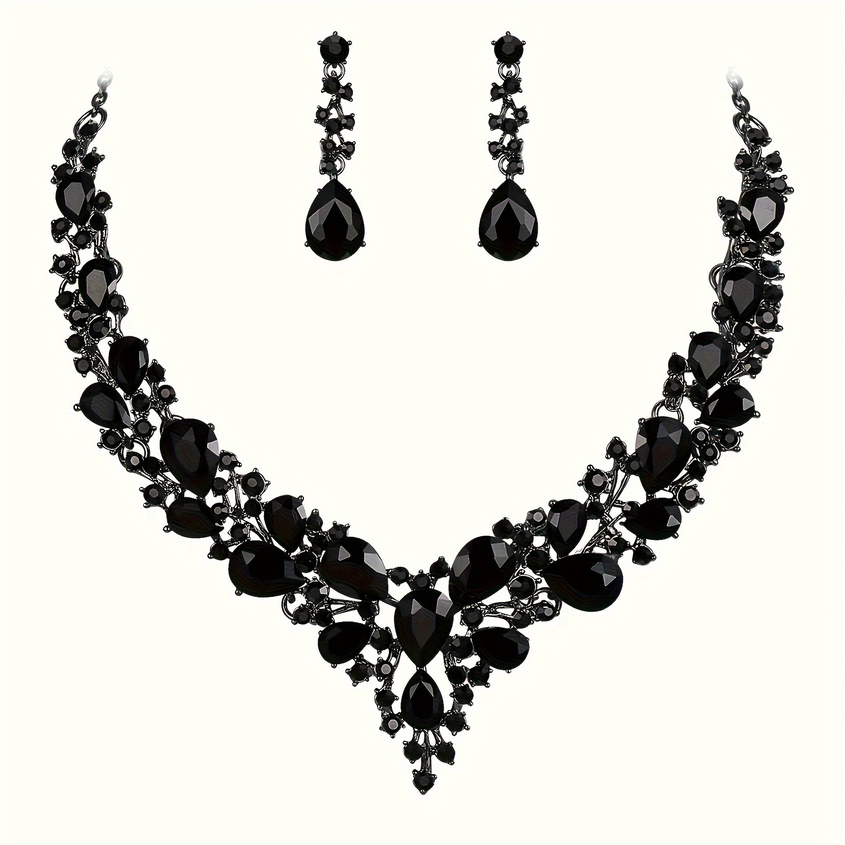 

1 Pair Dangle Earrings +1 Pc Necklace With Black Rhinestones Inlaid Vintage Luxury Style Creative Female Party Jewelry Set