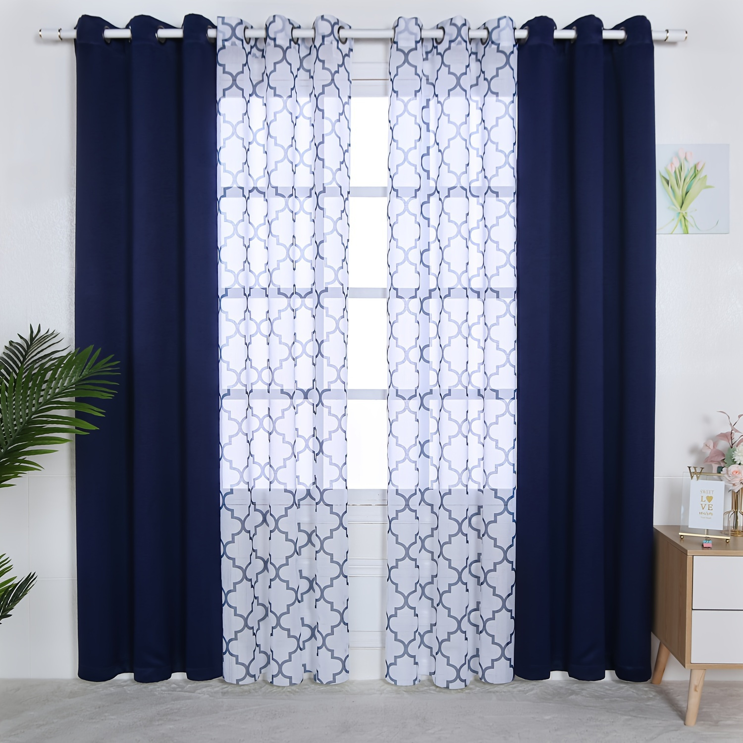 

4cps/set Curtains, 2cps Moroccan Print Sheer Curtains And 2pcs Blackout Curtains For Bedroom, Living Room Grommet Window Drapes Office Home Decor