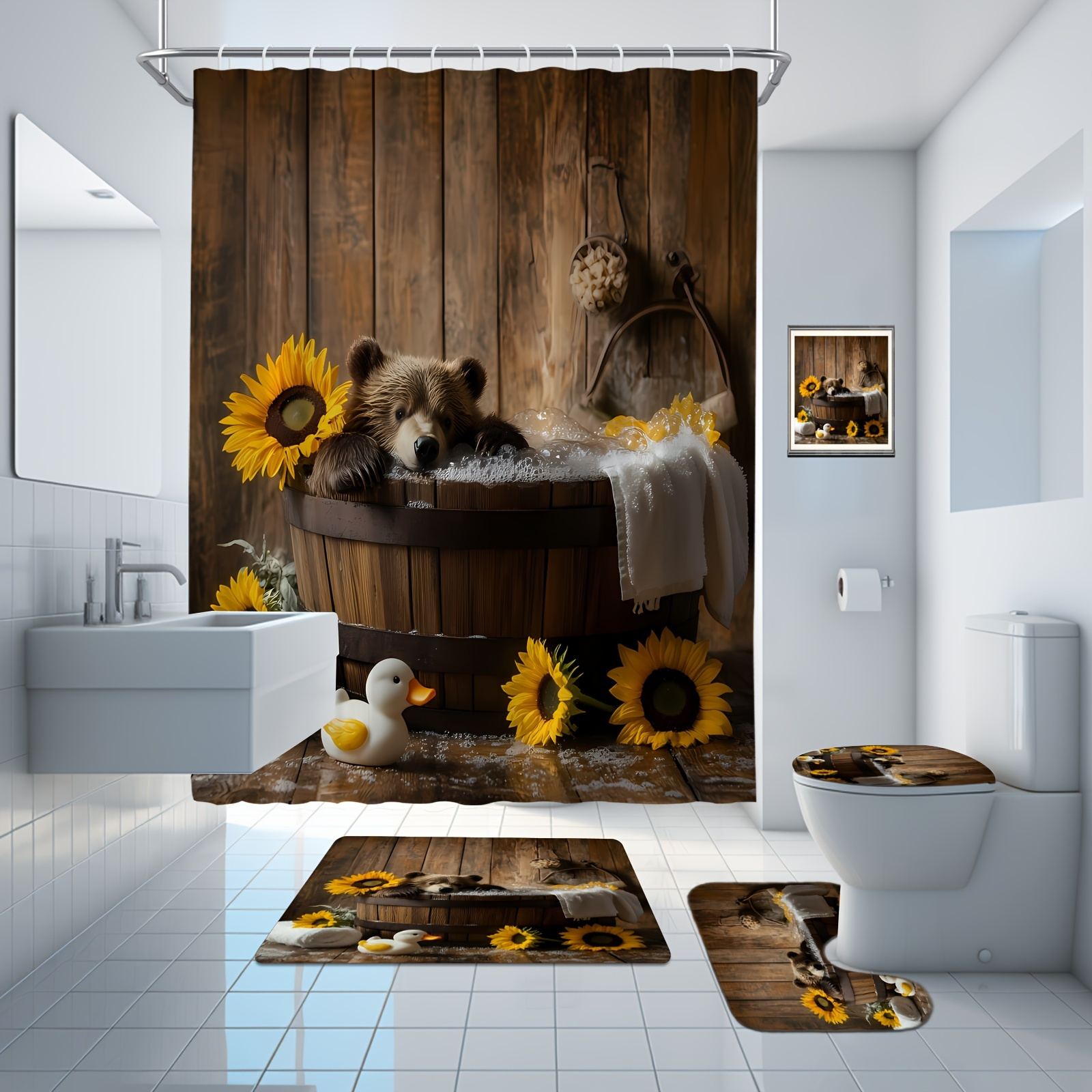 

1pc/4pcs Shower Curtain Set, Wood Veneer Fun Bear In Bathtub Shower Curtain, Bathroom Decoration, Non Bath Mat Bath Rug, 12 Plastic , 71x71