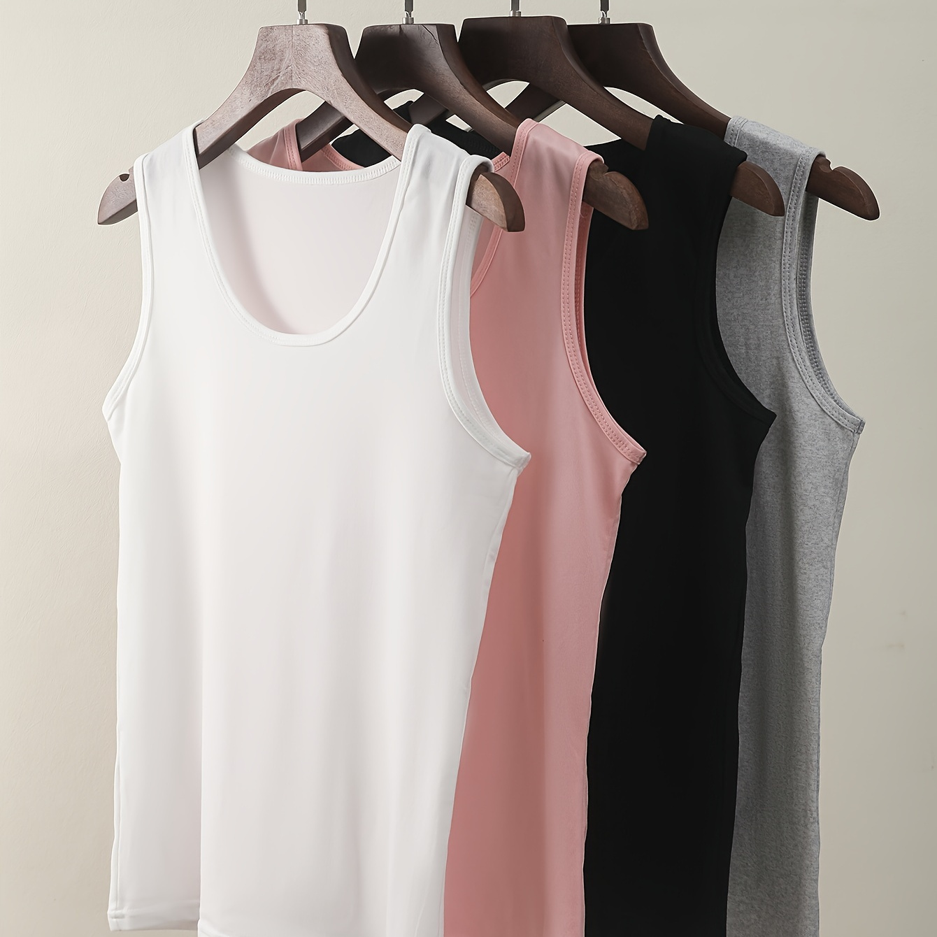 

4pcs Solid Round Neck Top, Comfy & Simple Slim Vest Top, Women's Lingerie & Underwear