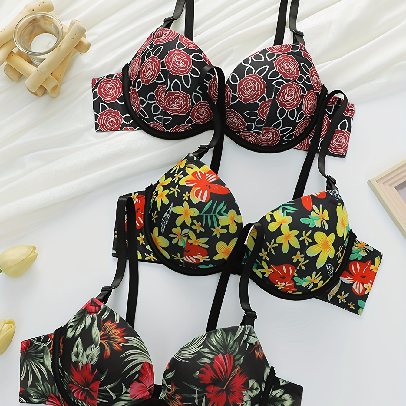 

3pcs Floral Print Bra, Comfortable Push Up Underwire Bra, Women's Lingerie & Underwear