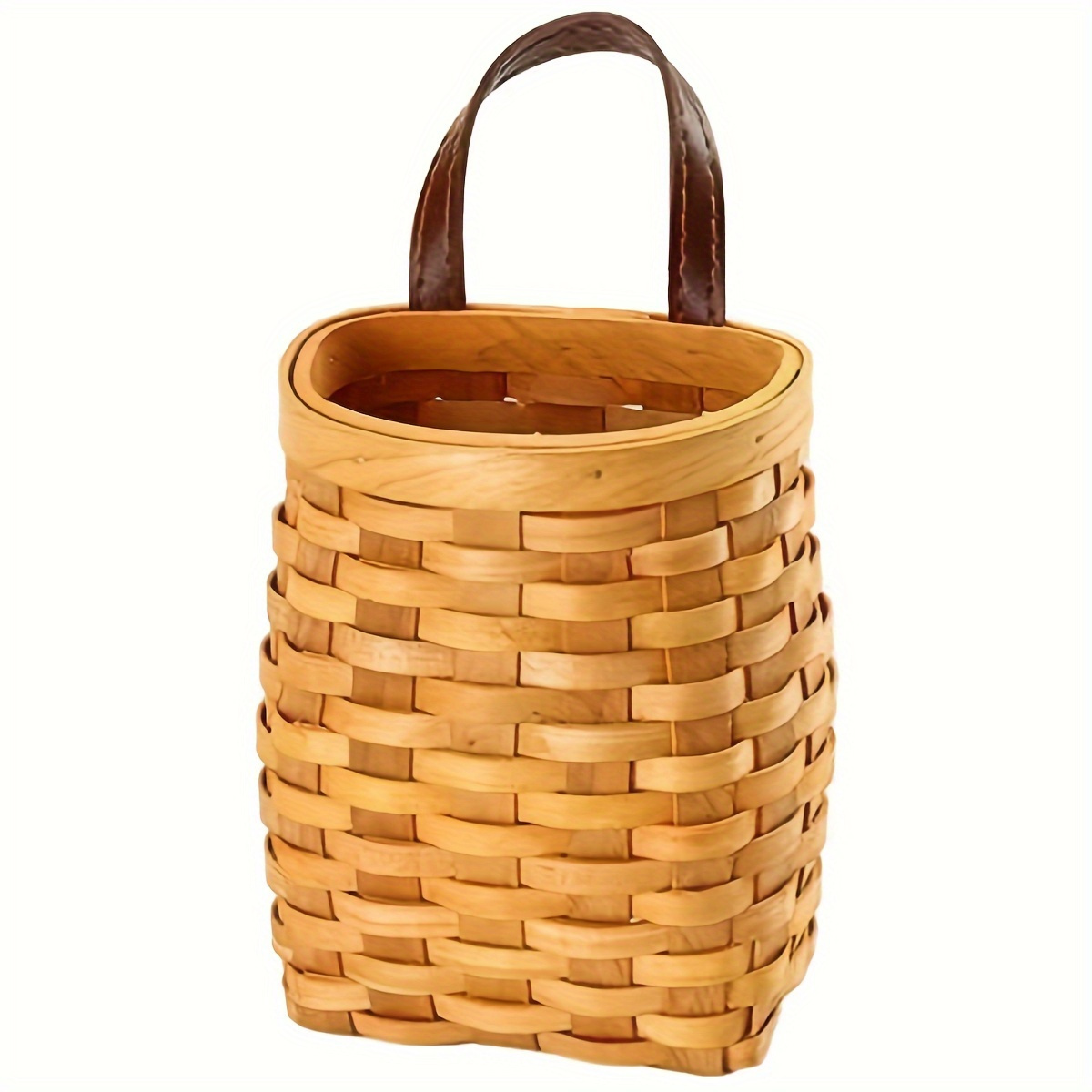 

Rustic Hand-woven Wooden Storage Basket With Leather Handle - Natural Wall Hanging Design For Flowers, Fruits & Vegetables | Organizer And Home Decor, Basket Storage, Shelf Baskets