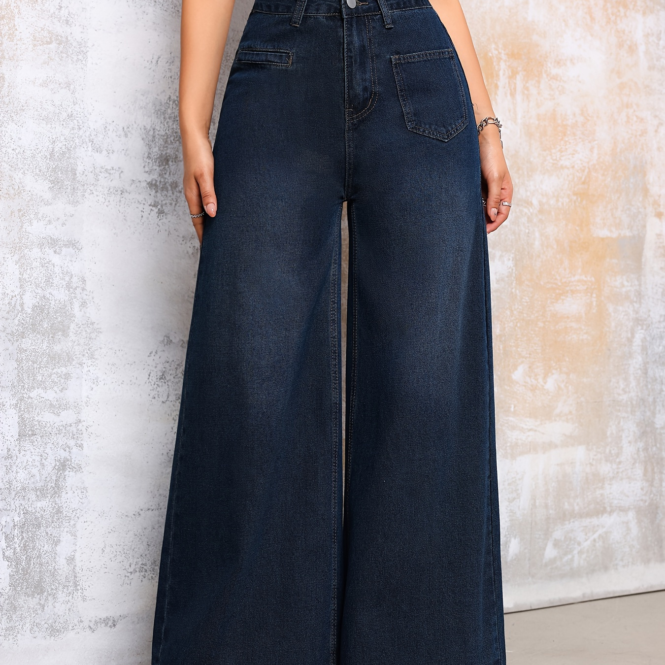 

Plain Washed Blue Raw Hem Denim Pants, High Rise Loose Fit Wide Leg Jeans, Women's Denim Jeans & Clothing