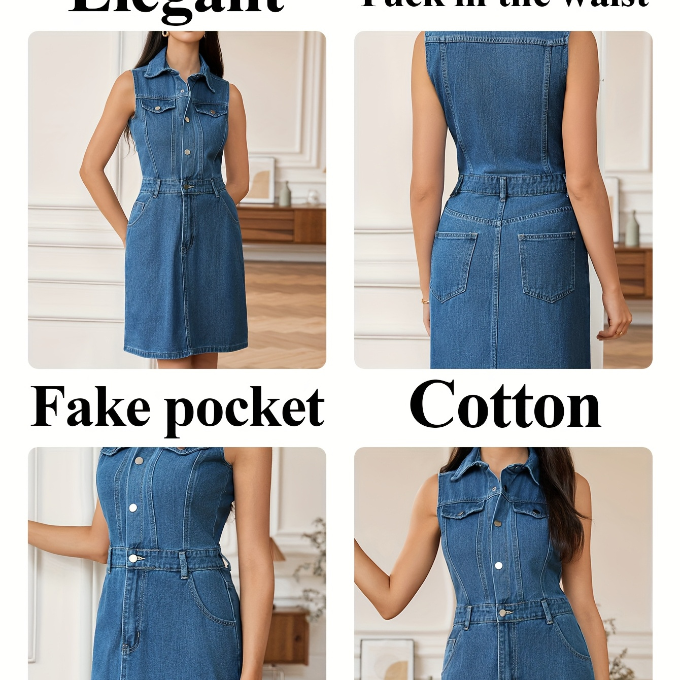 women's -fit turn-down collar denim dress, no-sleeve faux pocket button  zipper closure non-stretch fabric, stylish elegant casual wear for | Shop  Now For Limited-time Deals | Temu Bahrain