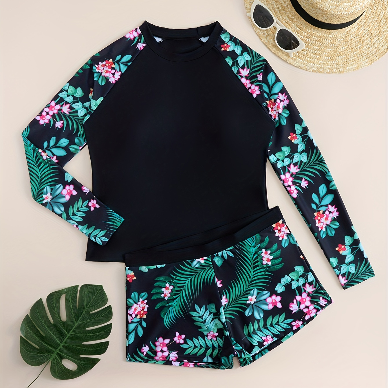 

Floral Print Crew Neck Long Sleeve 2 Piece Set Tankini, Color Block Stretchy Sport Tummy Control Boxer Shorts Swimsuit For Beach Pool Bathing Surfing, Women's Swimwear & Clothing