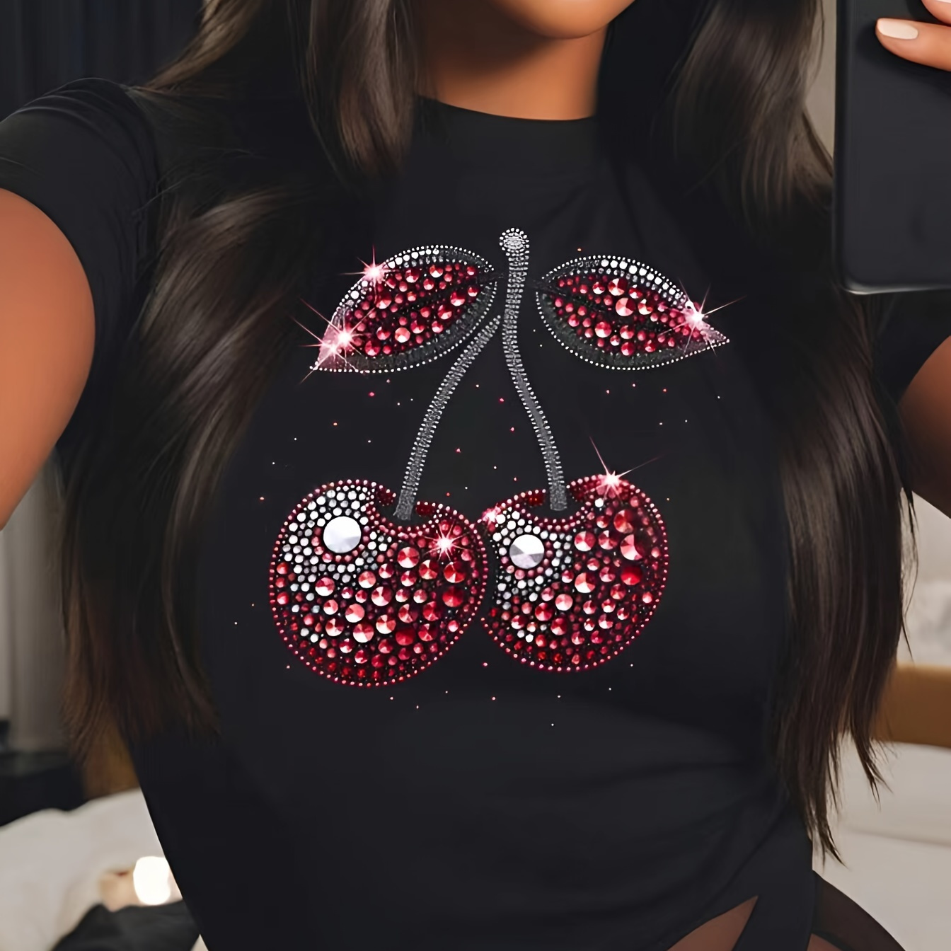 

Cherry Print Crew Neck T-shirt, Casual Short Sleeve Crop Top For Spring & Summer, Women's Clothing