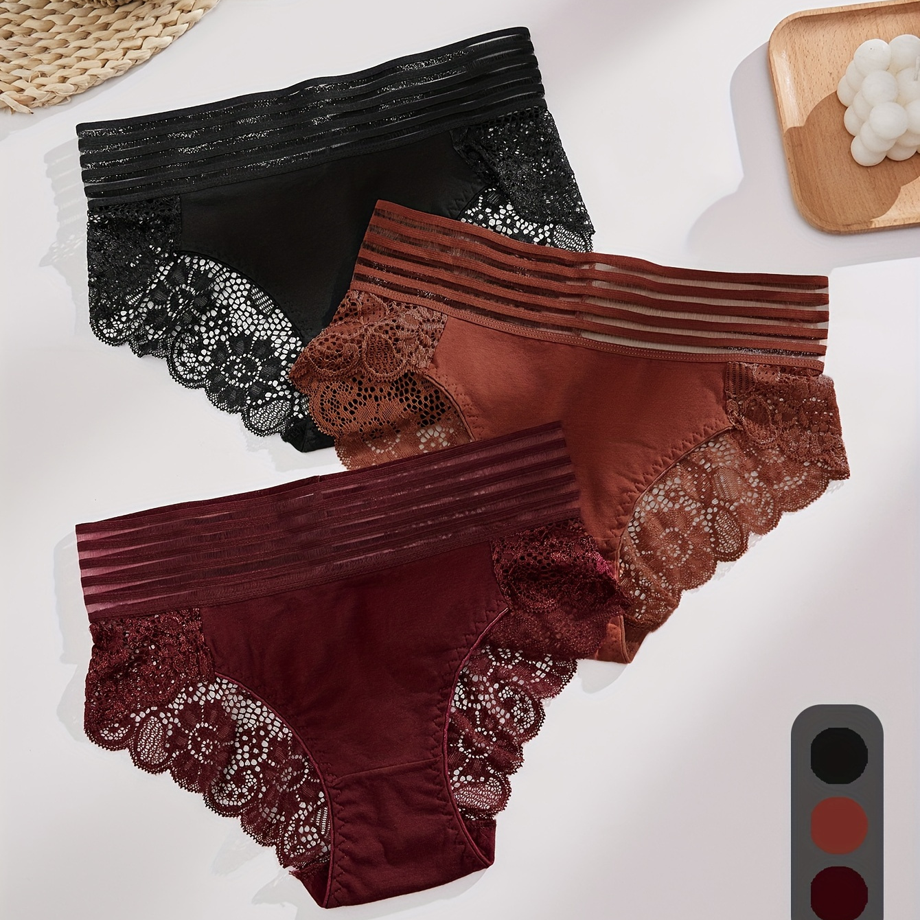 

3pcs Floral Lace High Waist Briefs, Sexy Comfy Breathable Stretchy Intimates Panties, Women's Lingerie & Underwear