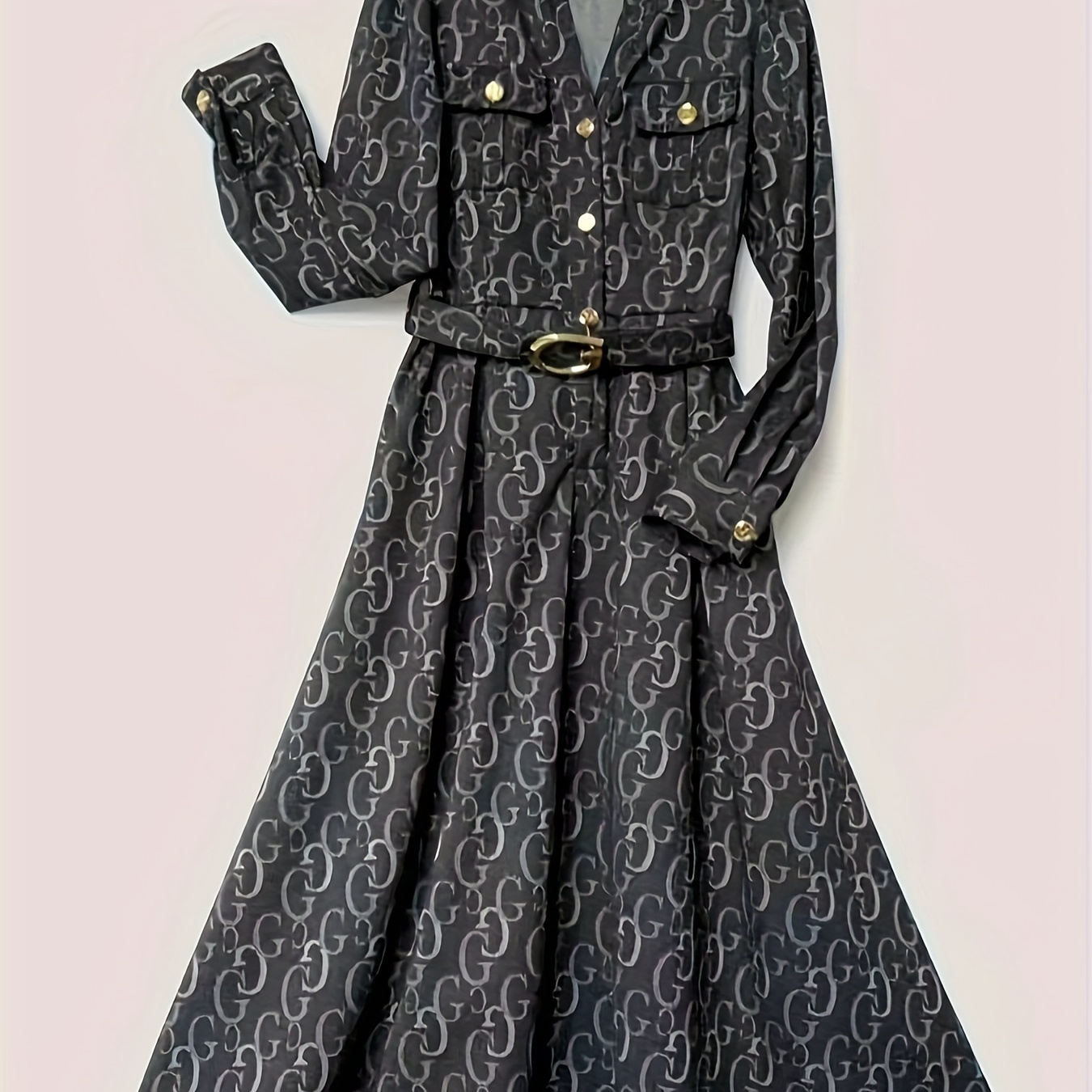 

Letter Print Button Front Belt Dress, Elegant Long Sleeve Notch Neck Dress, Women's Clothing