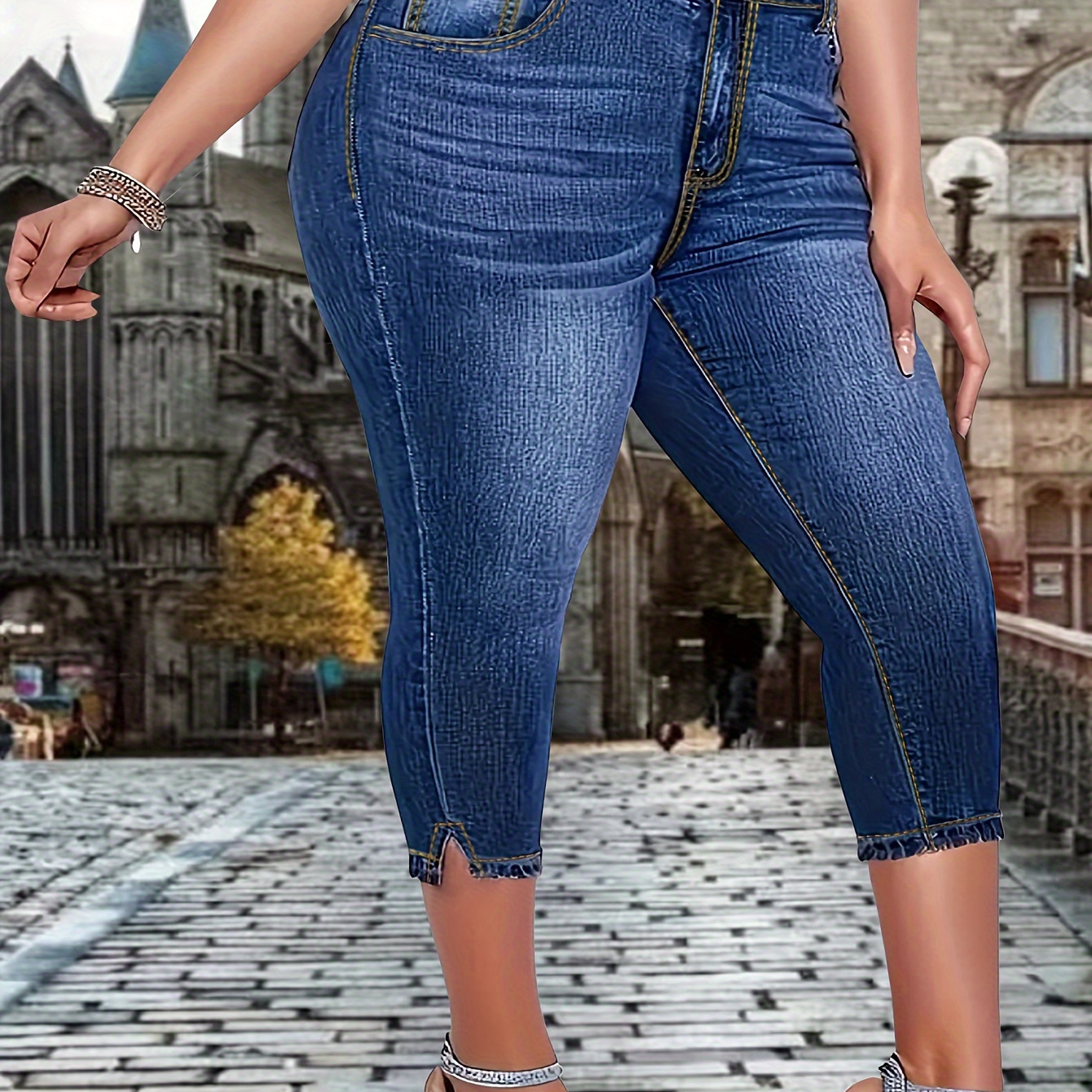 

Women's Casual Jeans, Plus Size Split Hem Whiskering High Rise Washed Blue Stretchy Skinny Capri Denim Pants