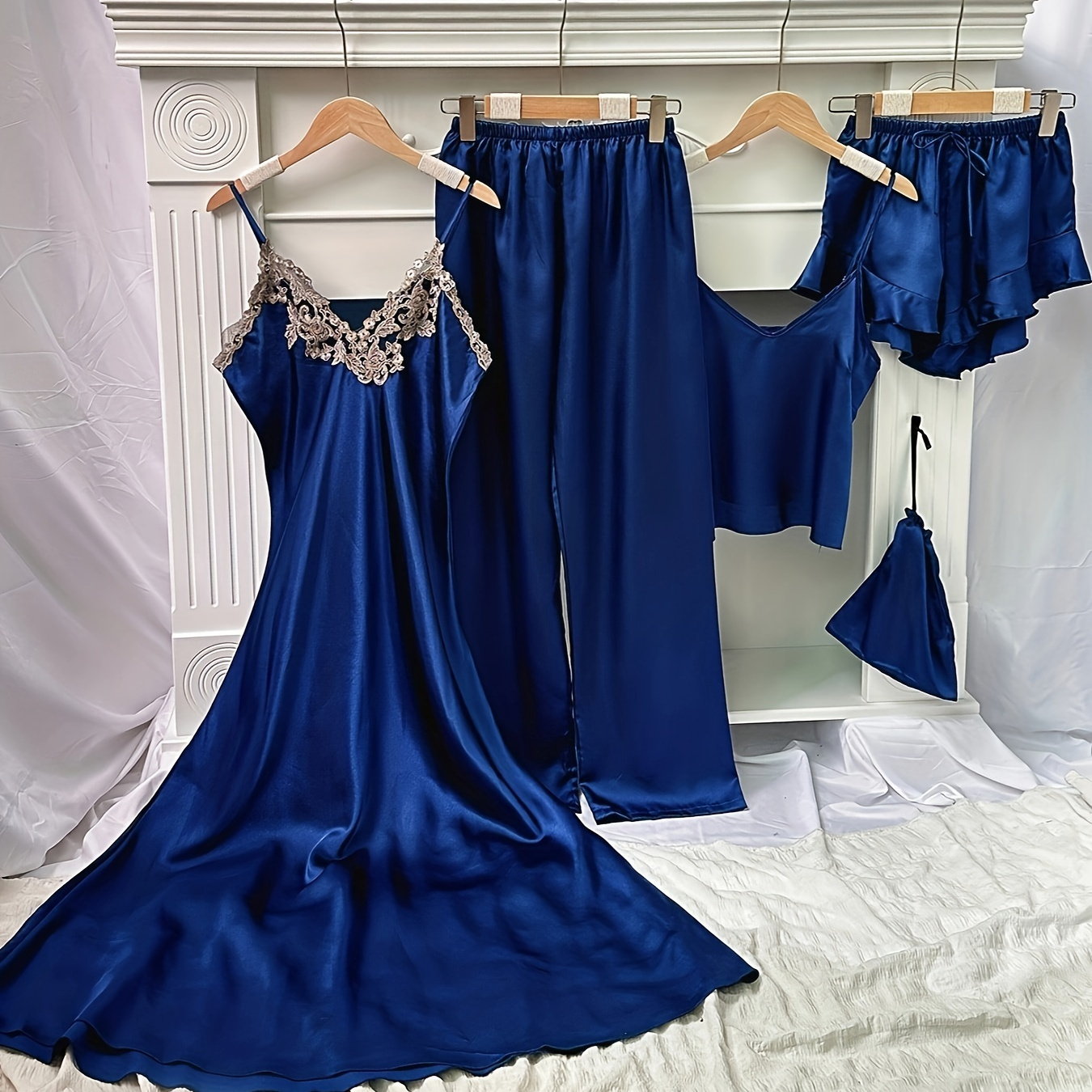 

5pcs Elegant Pajama Set For Women, V-neck Solid Color Sleepwear With Lace Detail, Includes Camisole, Shorts, Pants, And Storage Bag, Polyester , 90gsm Woven Fabric