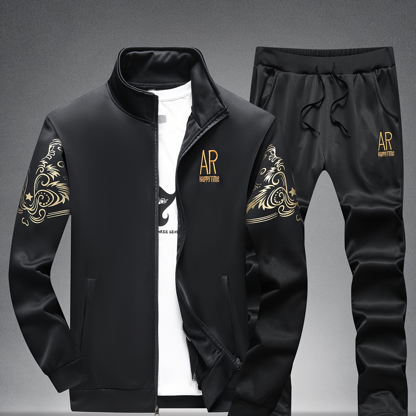 

2-piece Men's Sports Outfit Set, Letter Embroidered Long Sleeve Full Zip Up Sweatshirt & Drawstring Sweatpants Set For Spring Fall