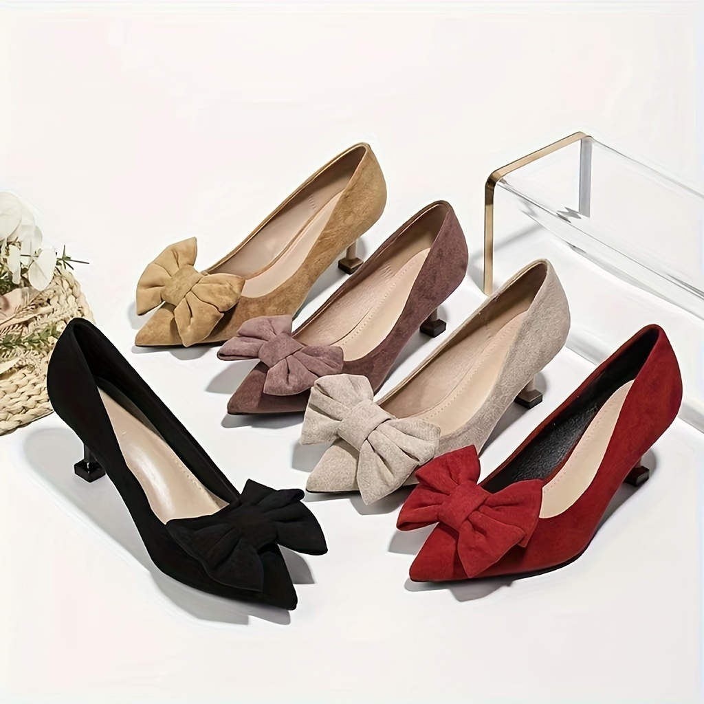 

Women's Bow Decor Pumps, Solid Color Pointed Toe Slip On Heels, All- Banquet Office Shoes