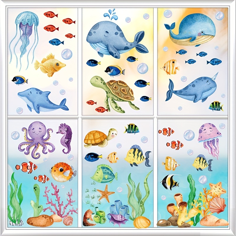 

134pcs 9 Sheets Ocean Theme Window Clings Decorative Sea Life Windows Decals Static Stickers With Fish, Dolphin, Turtle, Whale, Seaweed, Glass Window Clings For Room Kitchen Bathroom Home Decor