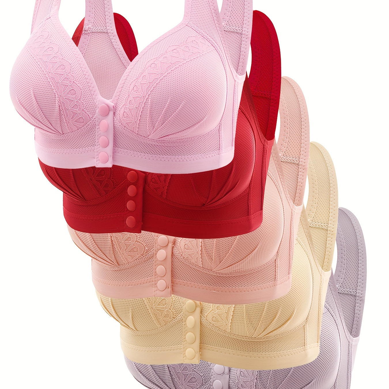 

5pcs Esselegance Push-up Bras - Adjustable Straps, Full Coverage, , Breathable Nylon , Non-see-through - In Pink, Red, , Light Purple