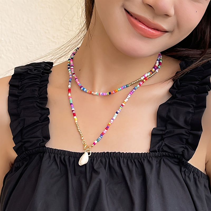

Shell Pendant Colorful Beads Beaded Necklace Bohemian Vacation Style Summer Beach Accessory