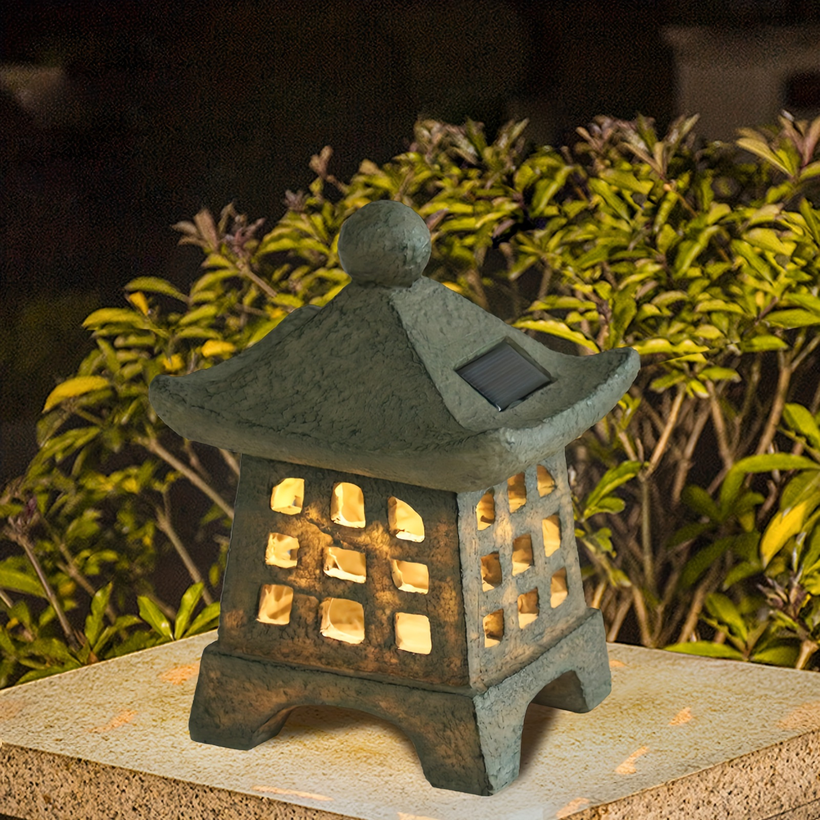 

1pc Solar-powered Led Pagoda Lantern, Resin Garden Light, Waterproof Outdoor Decorative Lamp For Lawn & Patio