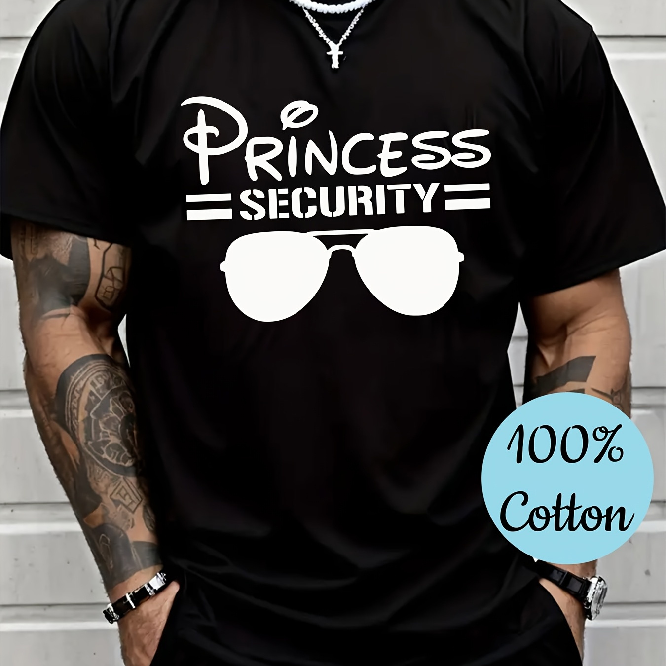 

Men's "princess Security" Fashion Glasses Graphic T-shirt - 100% Cotton, Black Short Sleeve Casual Tee With -