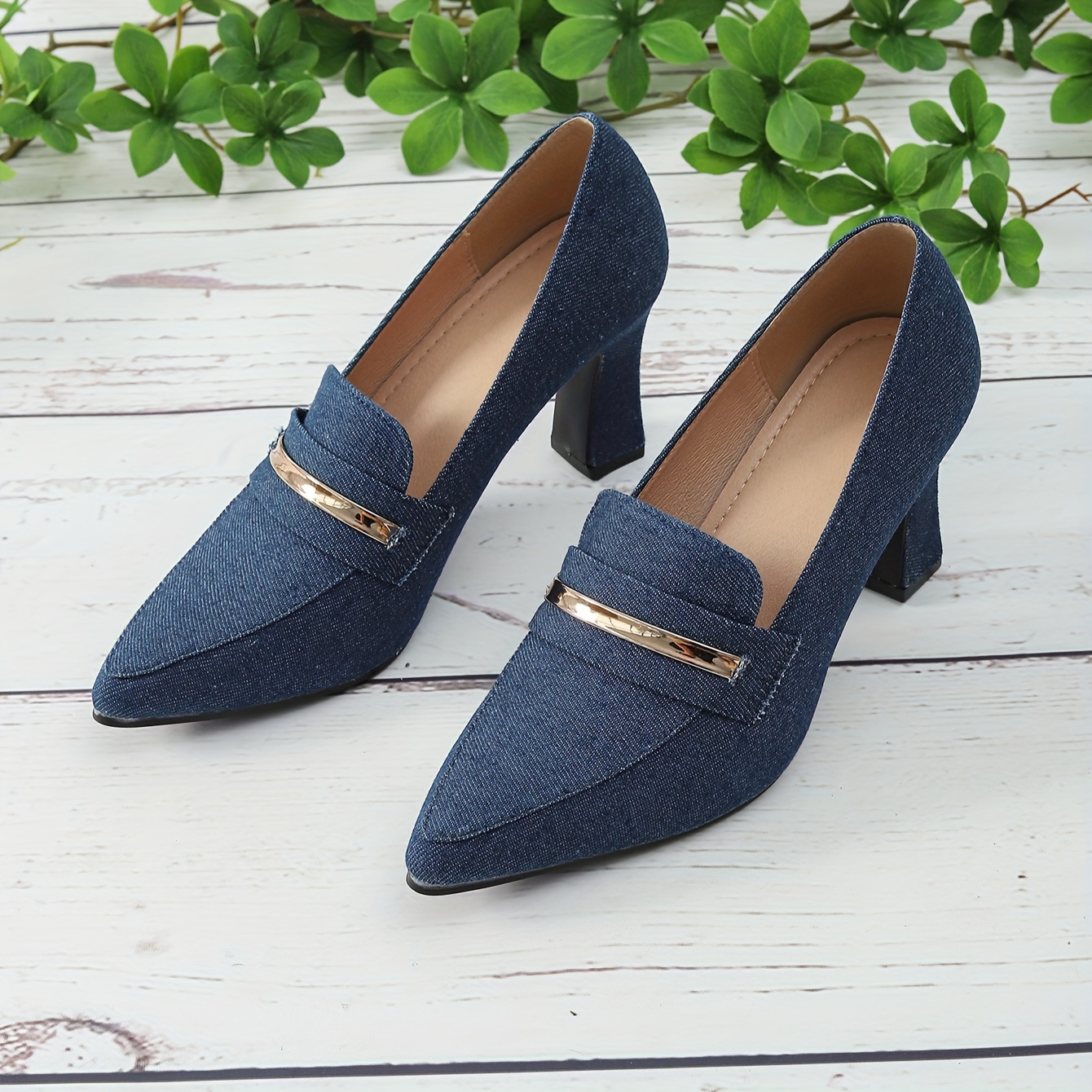 

Women's Canvas Pumps, Pointed Toe Slip-on Heels, Chunky Heel Loafers