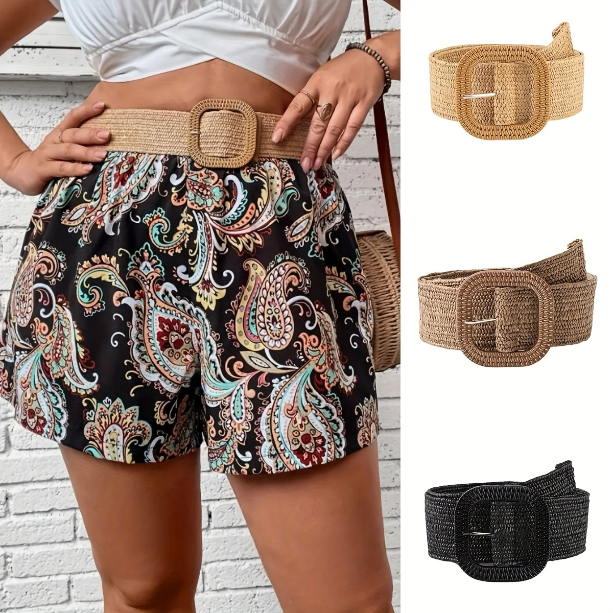 

Classic Square Buckle Boho Belts Solid Color Braided Straw Belt Elastic Waistband Simple Jeans Belt Dress Girdle For Women