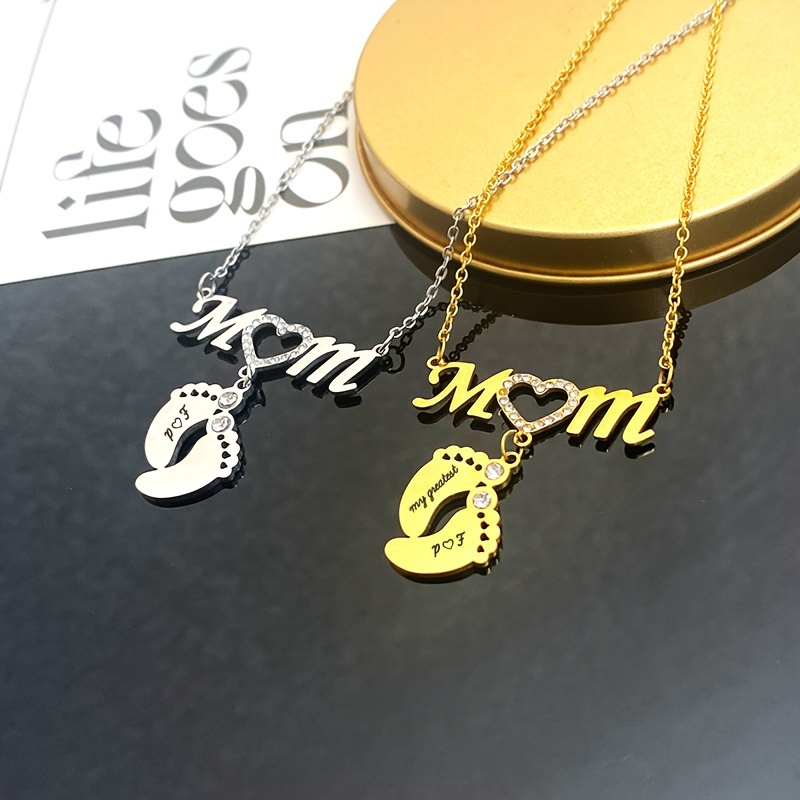 

Custom Engraving Text Necklace Mother's Day 'mom' Minimalist Letter Footprint Pendant Necklace, Stainless Steel Bohemian Style Custom Jewelry Gifts For Women