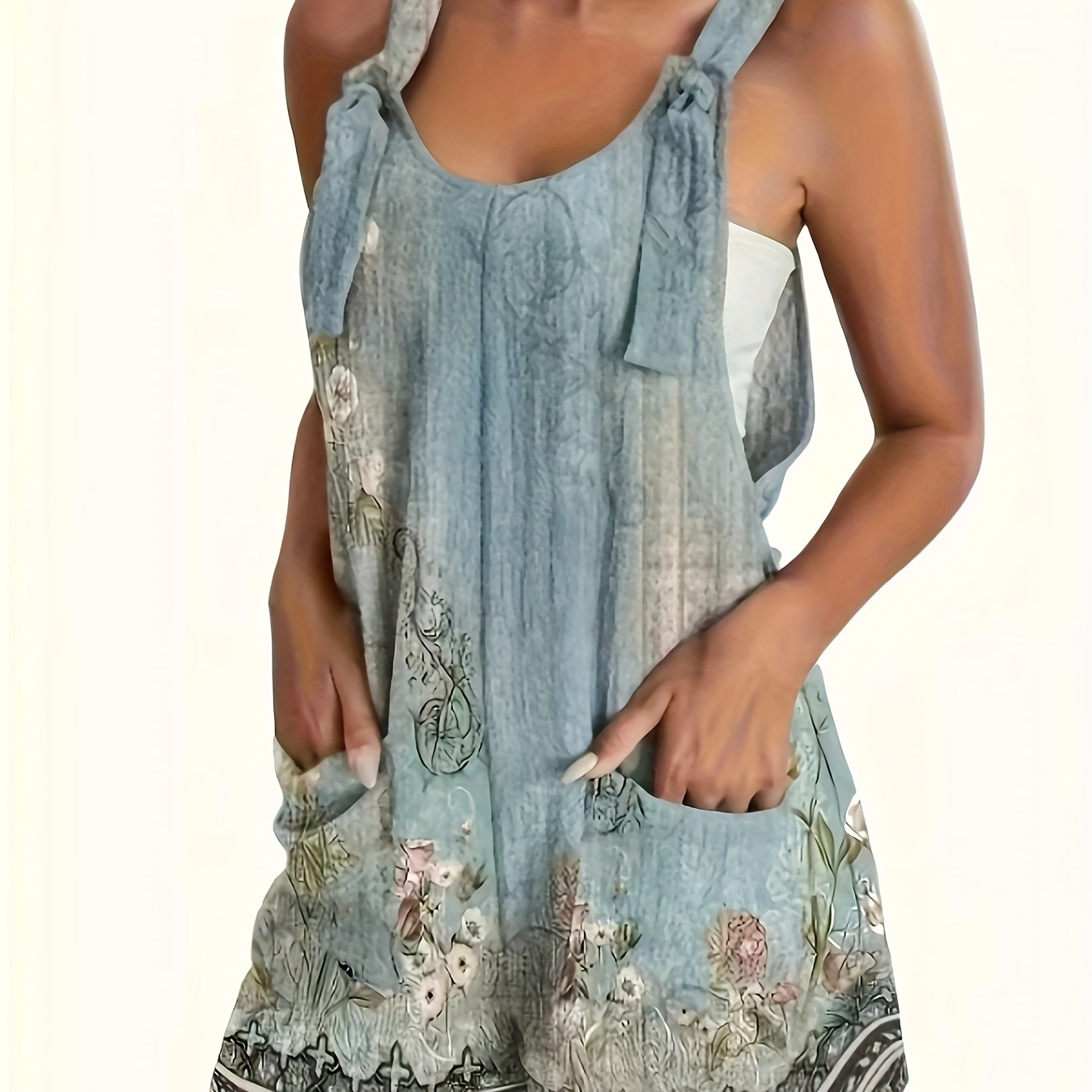 

Floral Print Romper Jumpsuit, Casual Patched Pocket Sleeveless Romper Jumpsuit, Women's Clothing