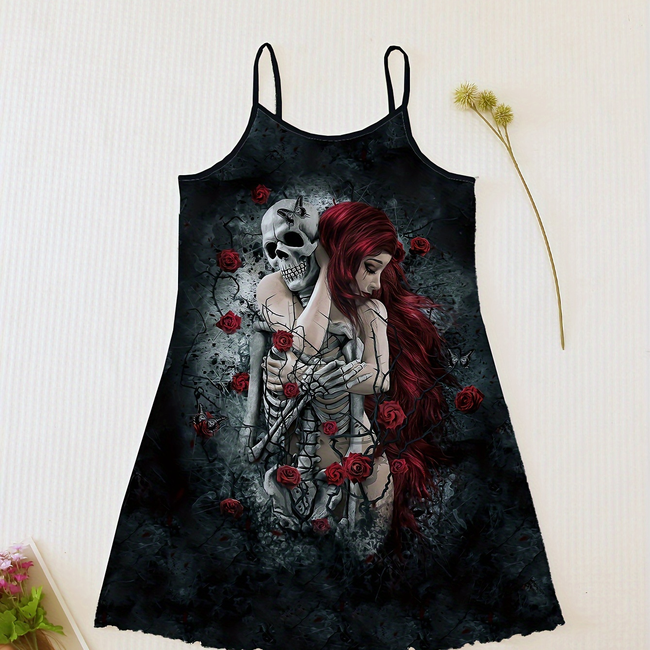 

Skull & Rose Print Slip Nightdress, Gothic Crew Neck Lettuce Trim Sleep Dress, Women's Sleepwear & Dresses