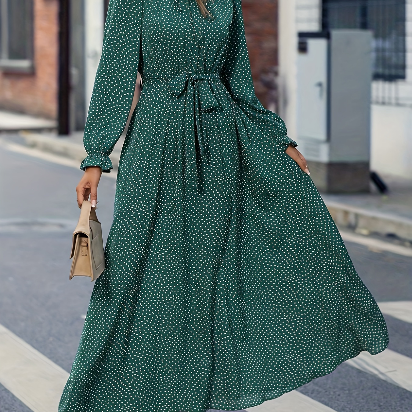 

Polka Dot A-line Long Sleeve Dress, Elegant Lace Up Dress For Spring & Fall, Women's Clothing