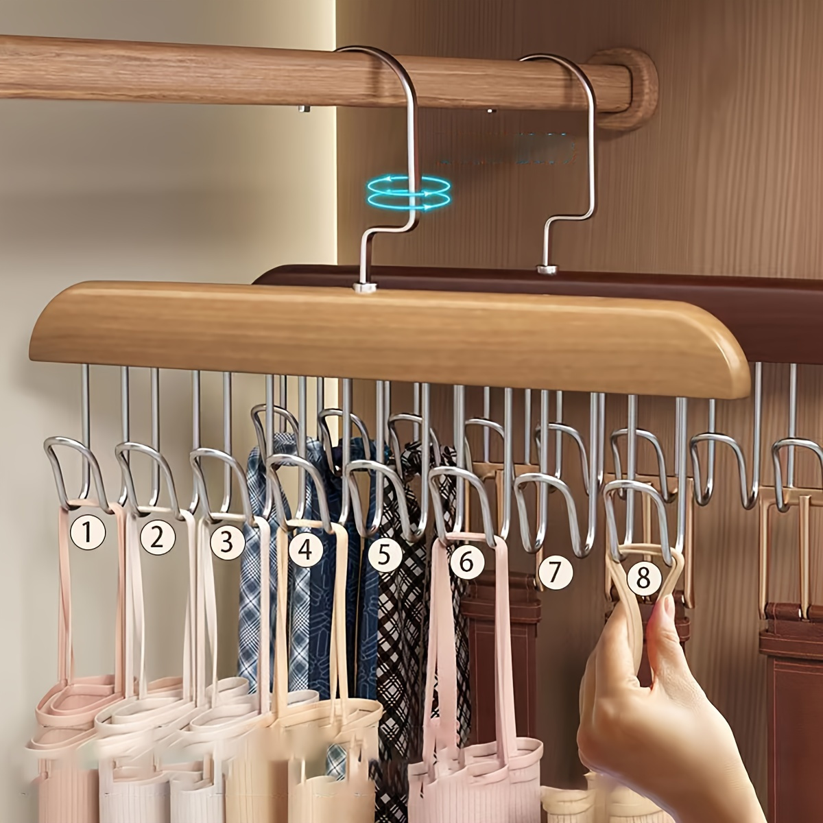 

1pc Wooden Hangers, With 8 Metal Hooks, Smooth Retro Finish Wood Suit Hanger Coat Hanger For Closet, For Ties, Hats, Belts, Suspenders, Dress Clothes Hangers