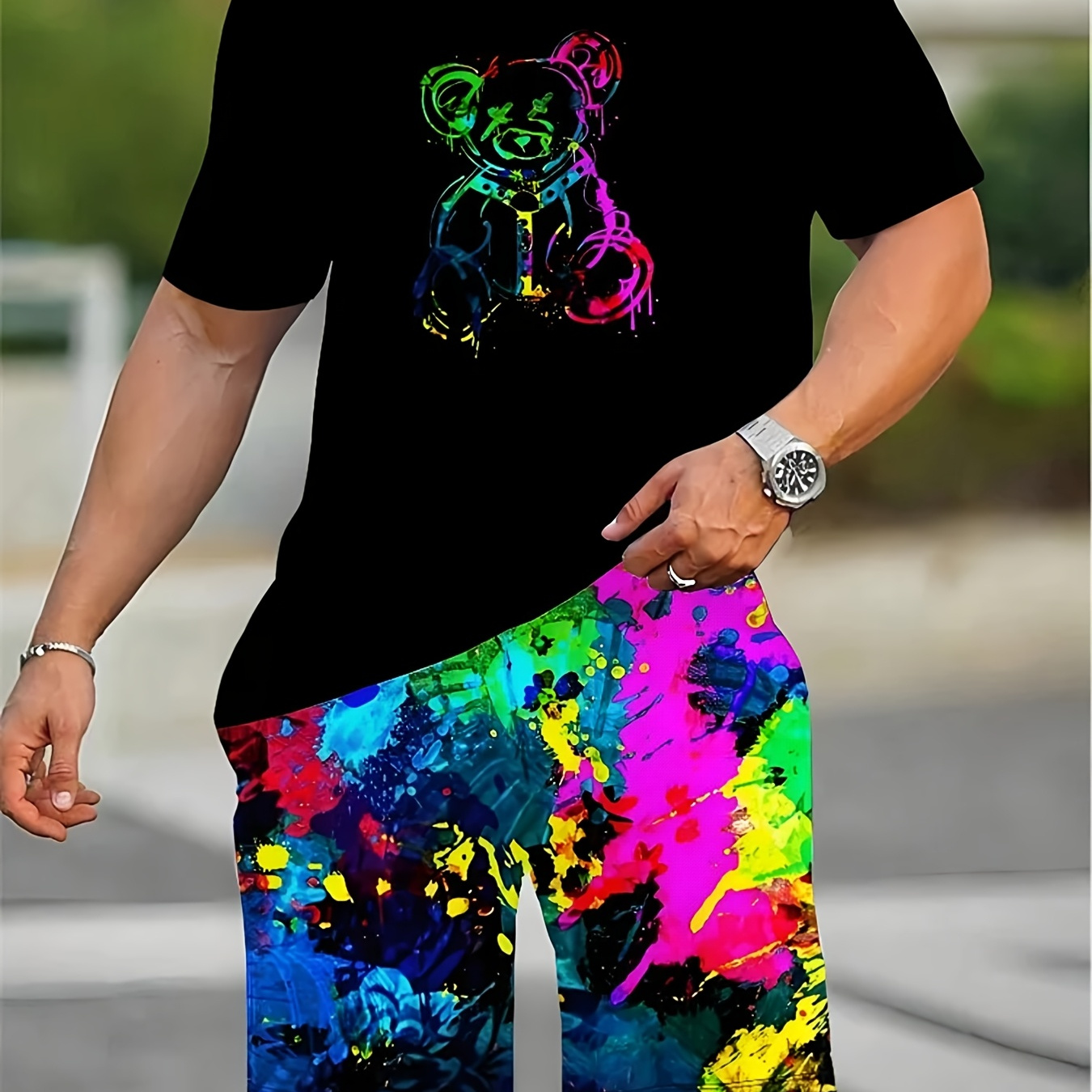 

Summer Daily Casual Men's Short-sleeved Colorful Bear Print Men's T-shirt And Colorful Graffiti Print T-shirt -220g Valentine's Day Gift For Street Couples