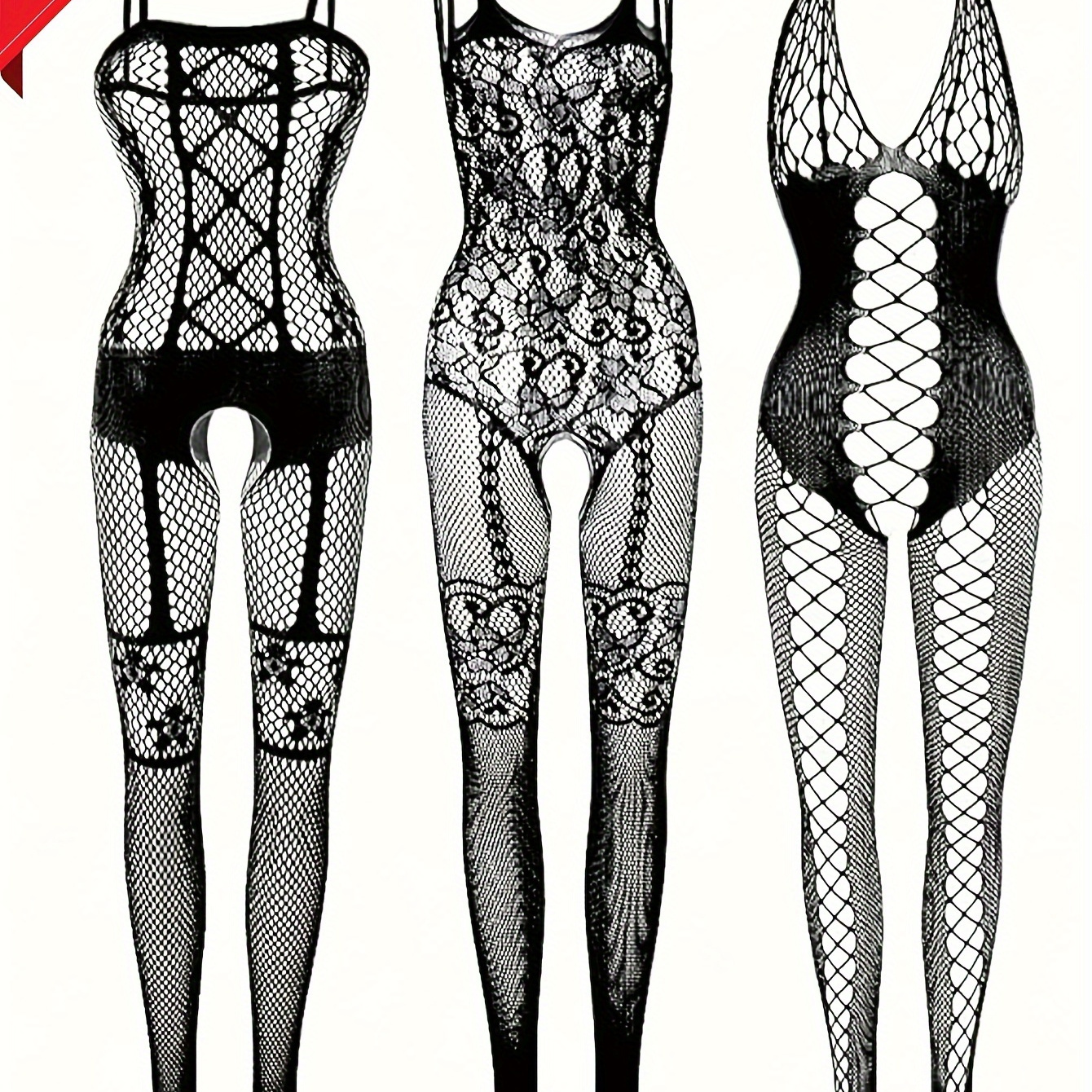 

3 Pcs ( Buy 1 Get 2 Free ) Hot Floral Jacquard Fishnet Bodystocking, Hollow Out Sleeveless Open Crotch Bodystocking, Women's Sexy Lingerie & Underwear