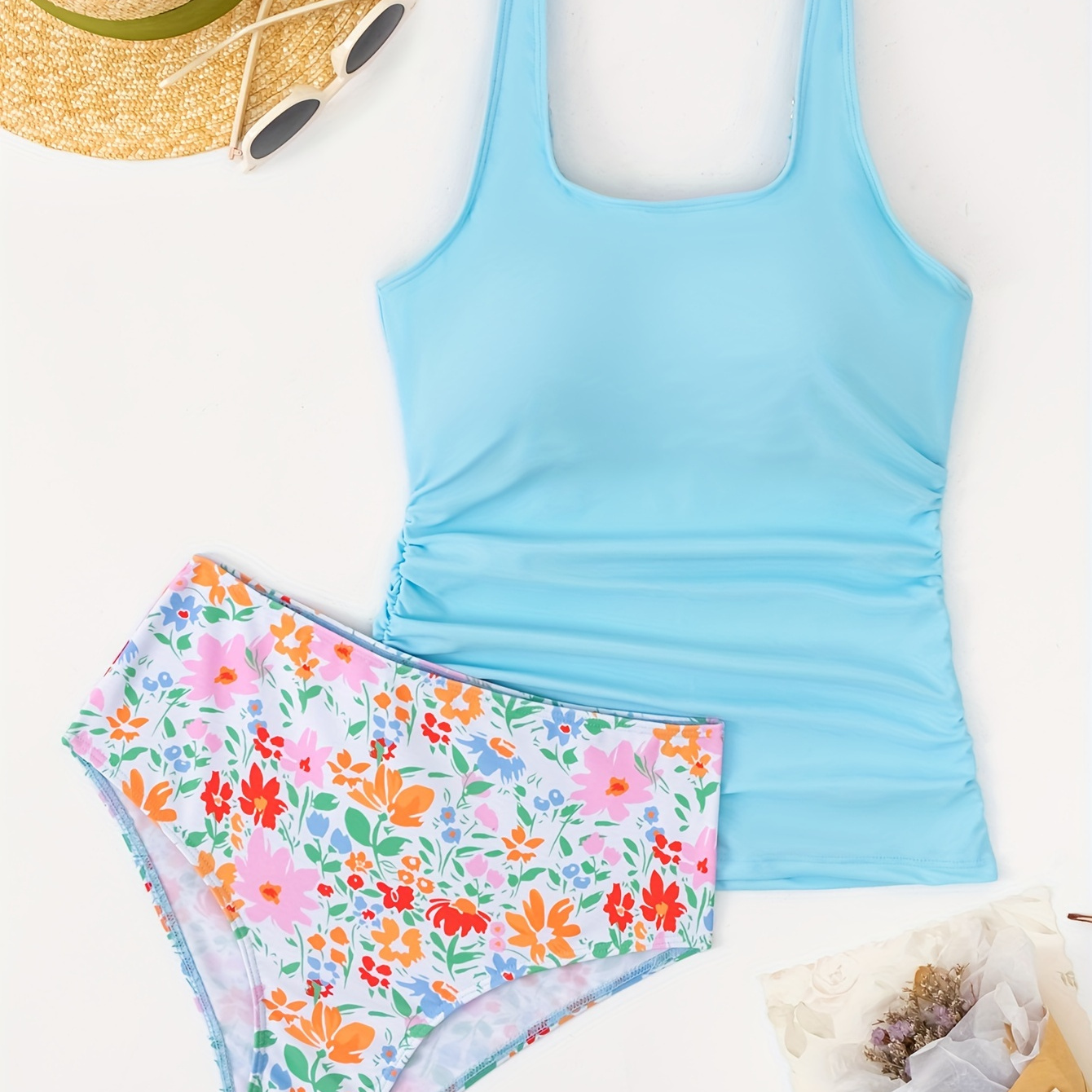 

Plain Blue Tank Top & Ditsy Floral Print Swim Briefs 2 Piece Set Tankini, Ruched High Waisted Stretchy Swimsuits, Women's Swimwear & Clothing