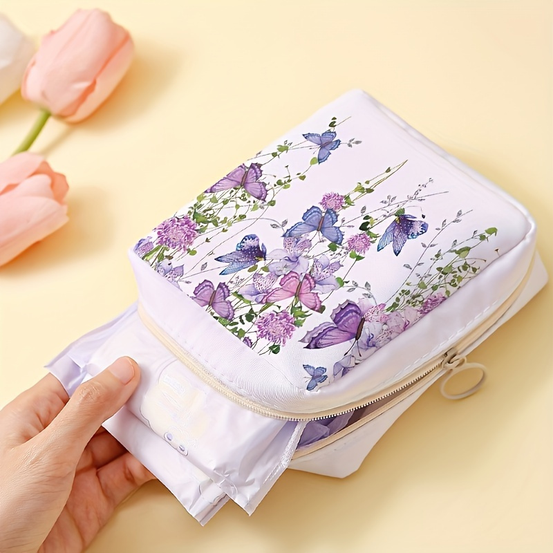 

1pc Sac de Rangement et de Lavage Portable à Motif Fleur Papillon Simple de Grande pour Serviettes Hygiéniques, Sac de Rangement pour Bonbons et Divers, Sac de Lavage Multifonctionnel Léger