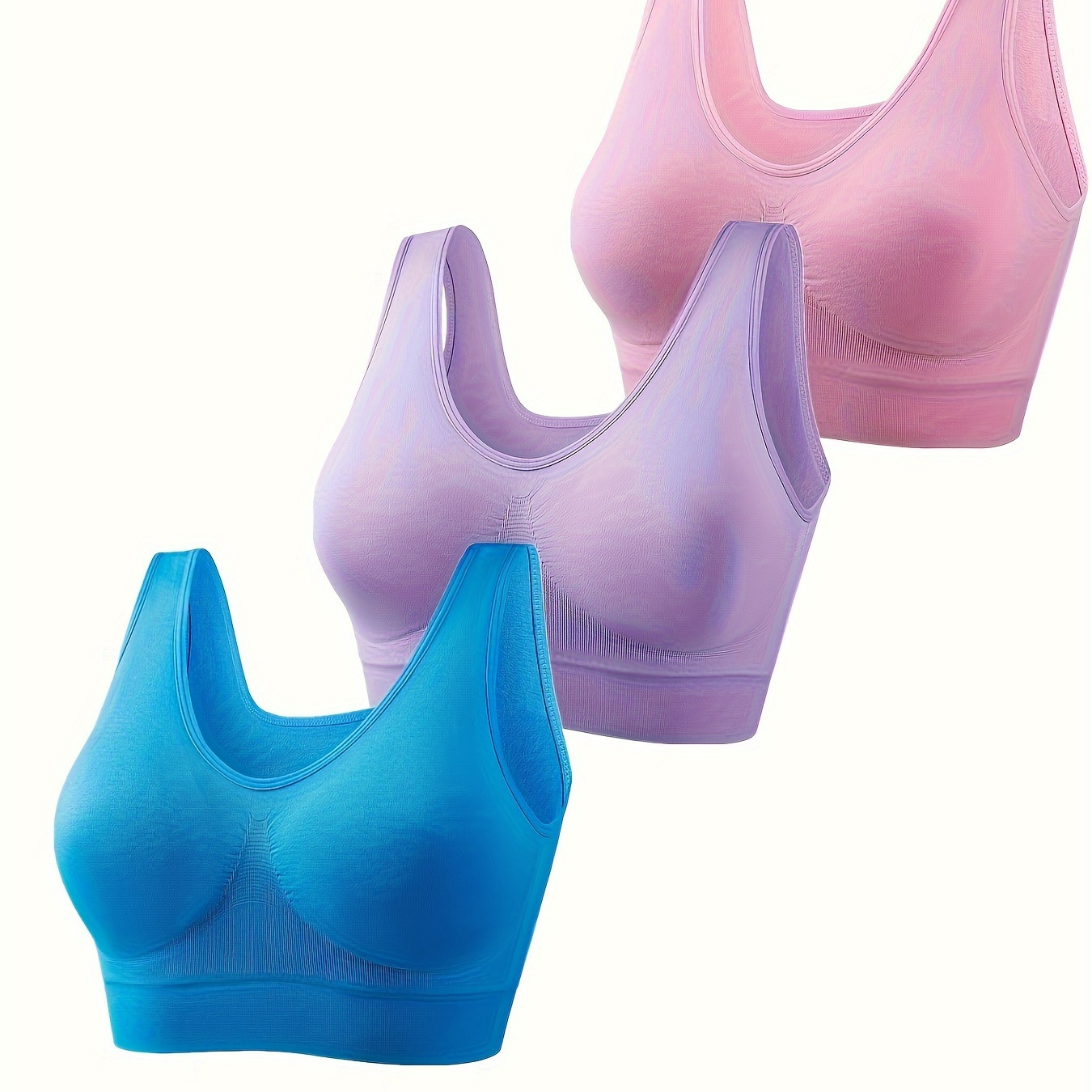 

3pcs Women's Sports Bras Set, Plus Size Solid Non Padded Seamless Running Versatile Bralette