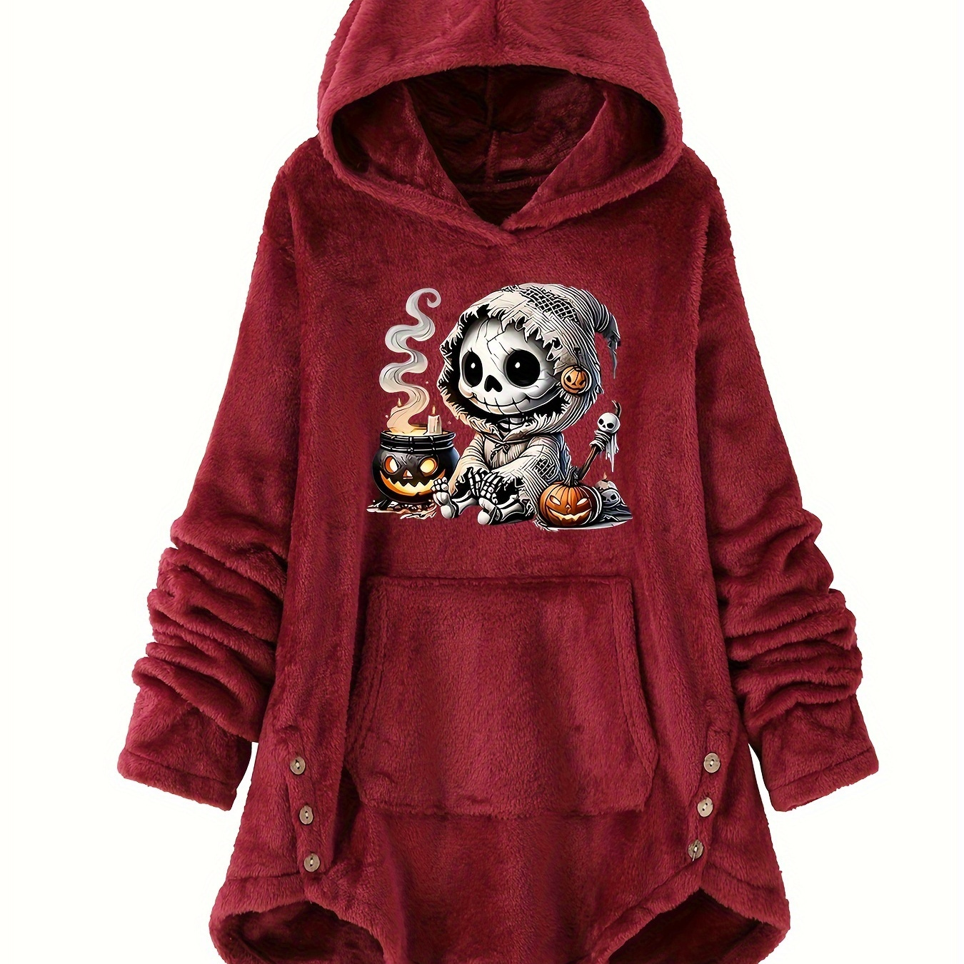 

1pc 's Fleece Skull And , Long Pullover Button For /