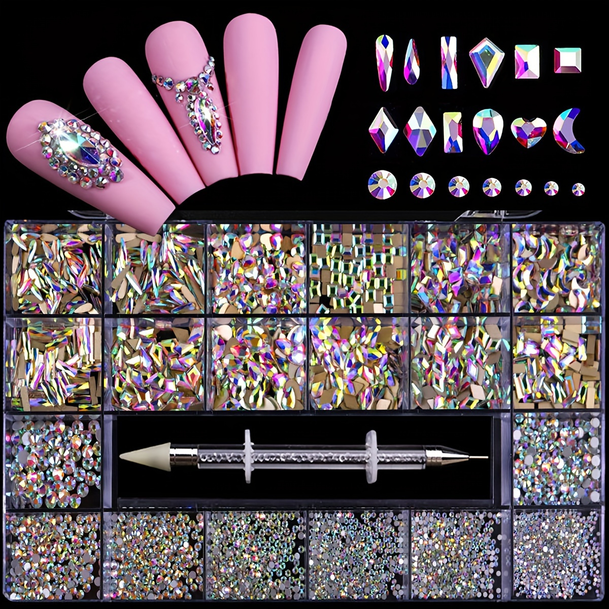 

21 Grid Flatback Glass Nail Art Rhinestone Set With Dotting Pen+rhinestones Bead And Multi-shape Crystal Nail Art Gemstones For Making Accessories Shoes, Clothes, Makeup, Bags, Nail Art Decoration