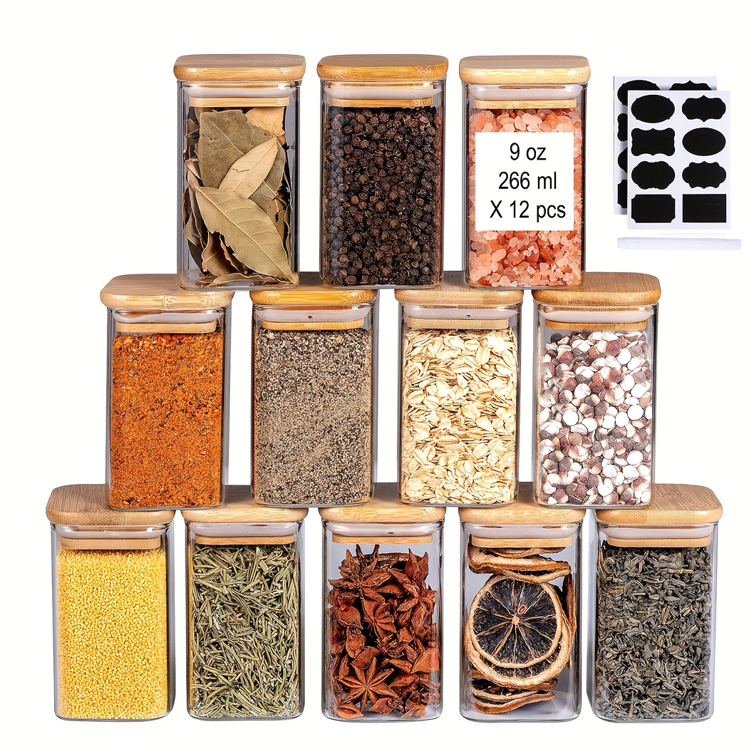 

12-piece Glass Spice Jar Set With Bamboo Lids - Square, Airtight Food Storage Containers For Kitchen Organization & Drying - Dishwasher Safe Spice Racks For Kitchen Spices Organizer Rack For Cabinets