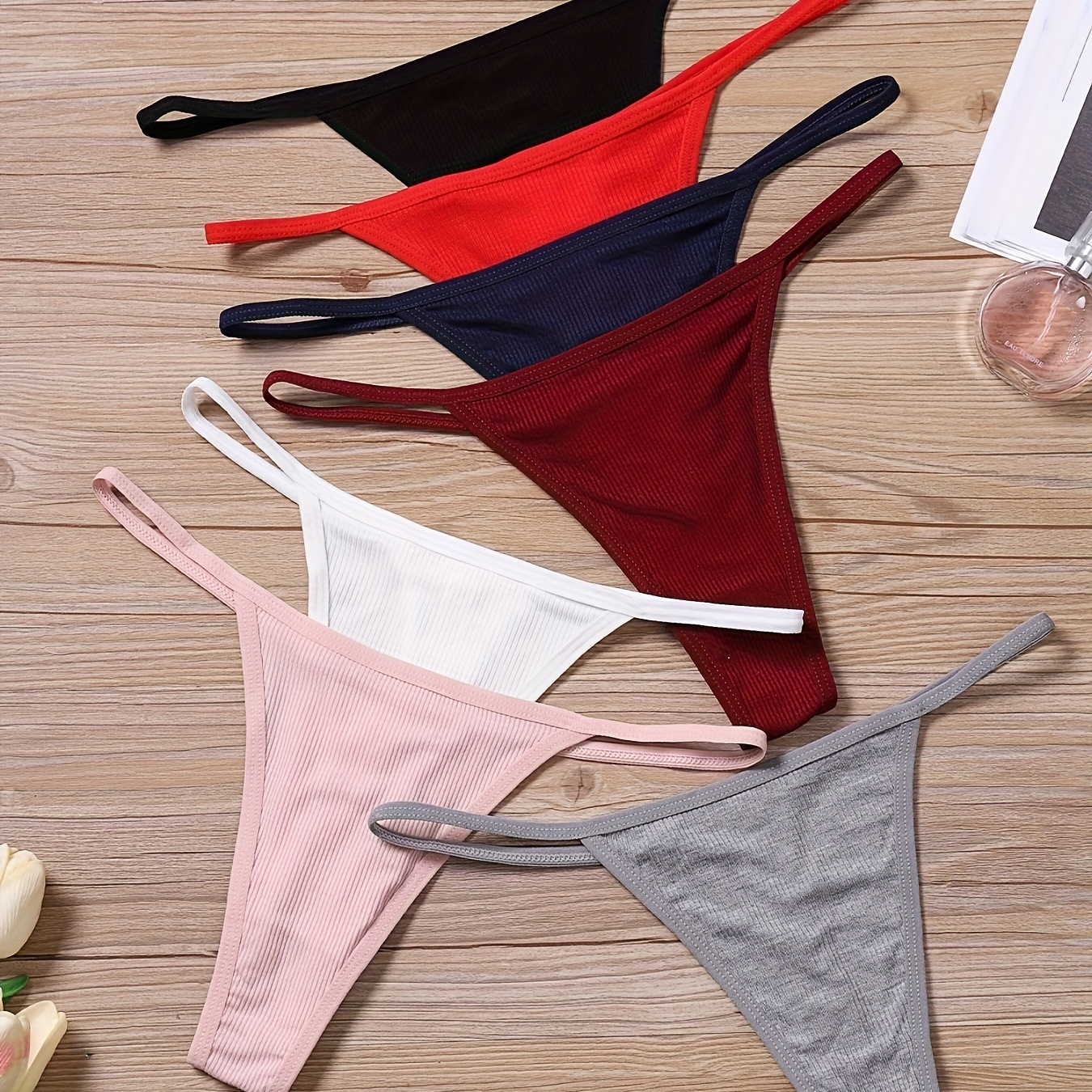 

7 Pcs Women's Mixed Color String Bikini Panties, Low Waist Ribbed Thong, Women's Underwear & Lingerie