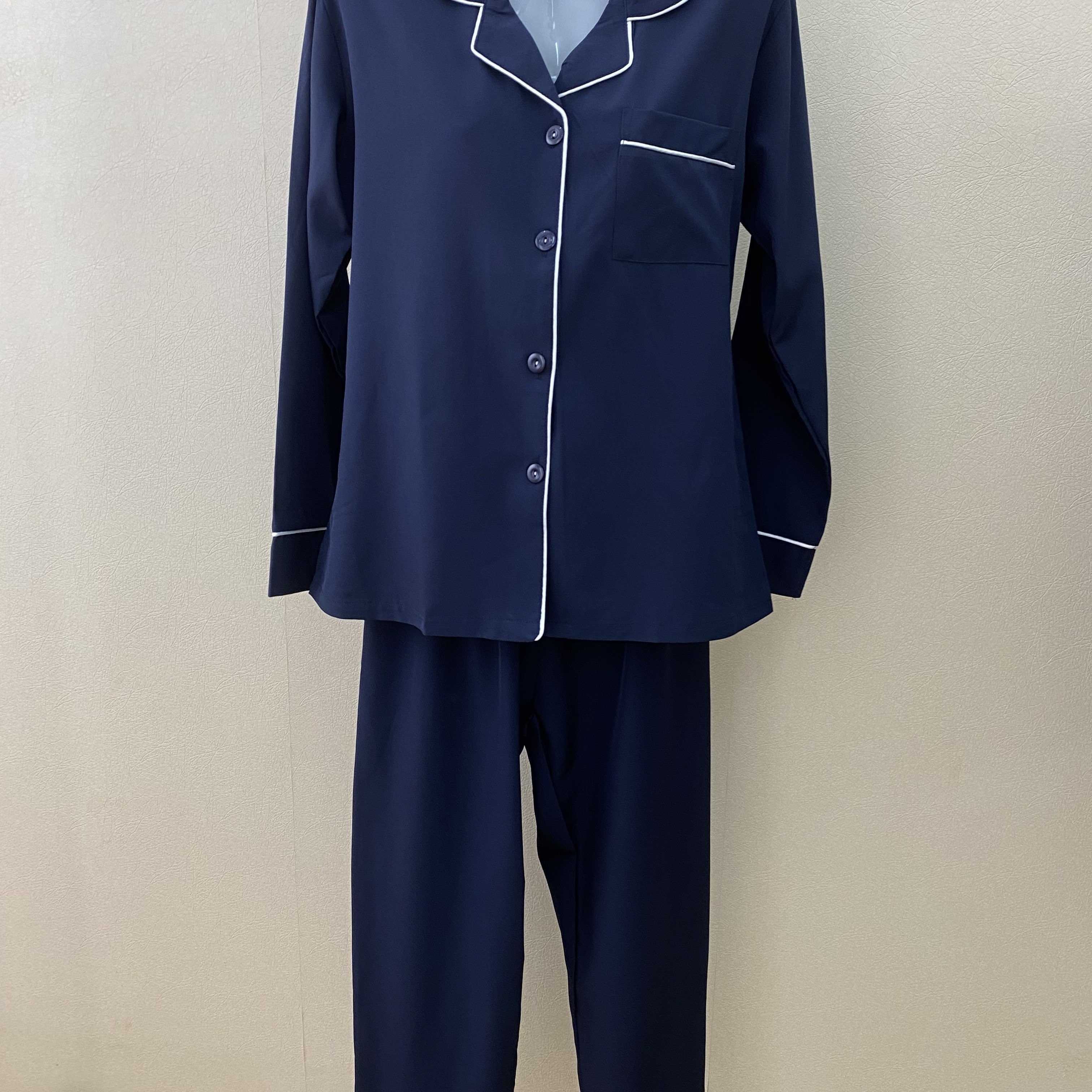 

Women's Solid Casual Pajama Set, Long Sleeve Buttons Lapel Top & Pants, Comfortable Relaxed Fit For Fall