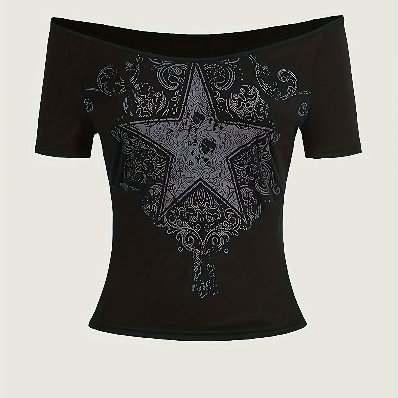 

Star Print Off Shoulder Crop T-shirt, Goth & Y2k Short Sleeve Slim T-shirt For Spring & Summer, Women's Clothing For Grunge Style