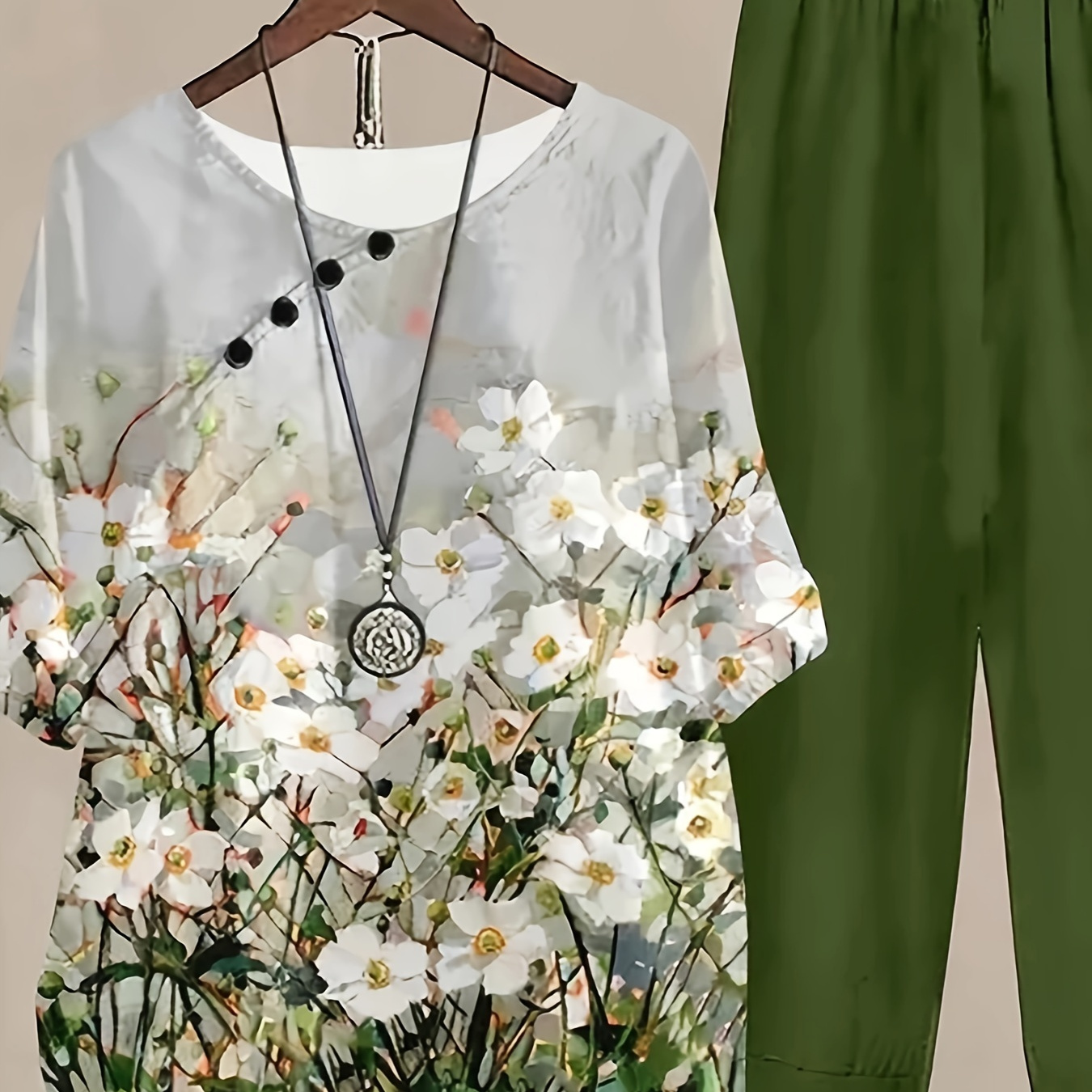 

Floral Print Two-piece Pants Set, Casual Half Sleeve Crew Neck Top & Solid Waist Hem Pants Outfits For Spring, Women's Clothing