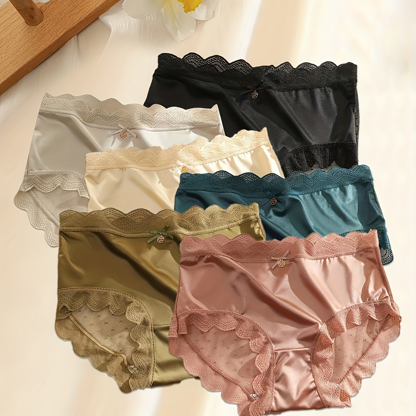 

Ensemble De 6 Culottes Élégantes En Satin Avec Dentelle Contrastée Et Nœud, Sous-vêtements Intimes Confortables Et Extensibles, Lingerie Et Sous-vêtements Pour Femmes