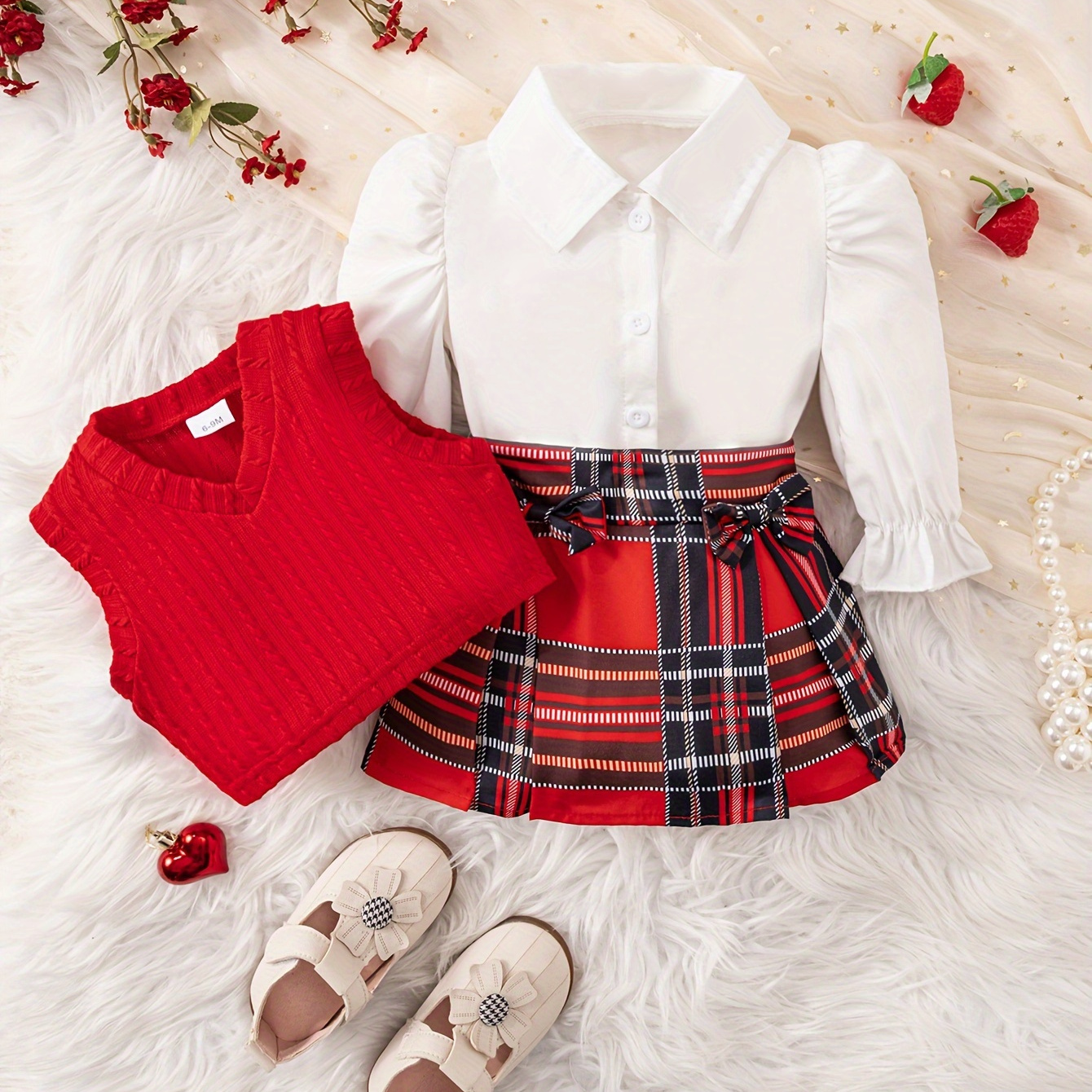 

3pcs 's + + Pattern Pleated Skirt, Toddler & Infant Girl's Set For