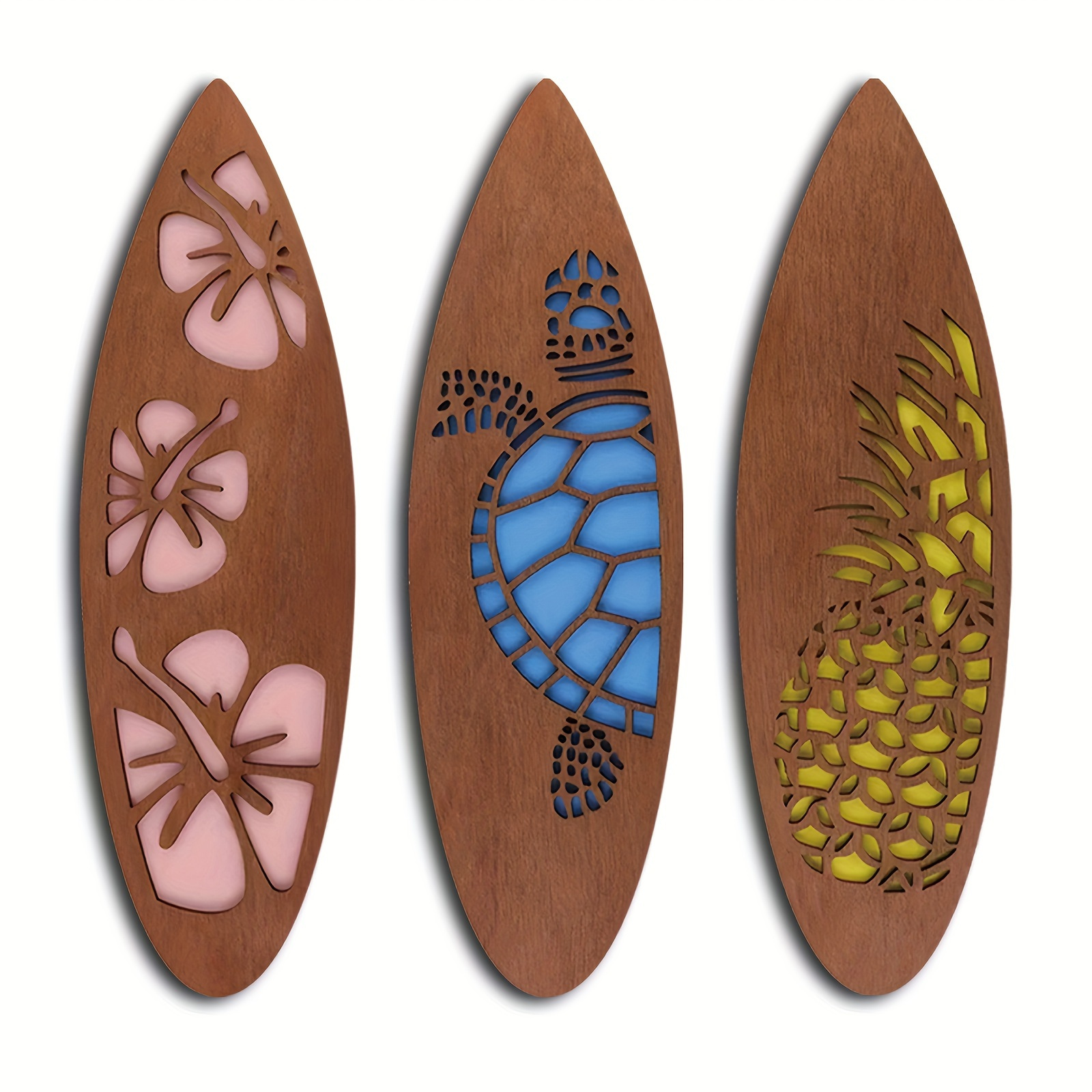 

Boho Wooden Surfboard Wall Art Set Of 3 - Tropical Hibiscus, Sea Turtle, Pineapple Cut-out Designs - Bohemian Beach House Decor